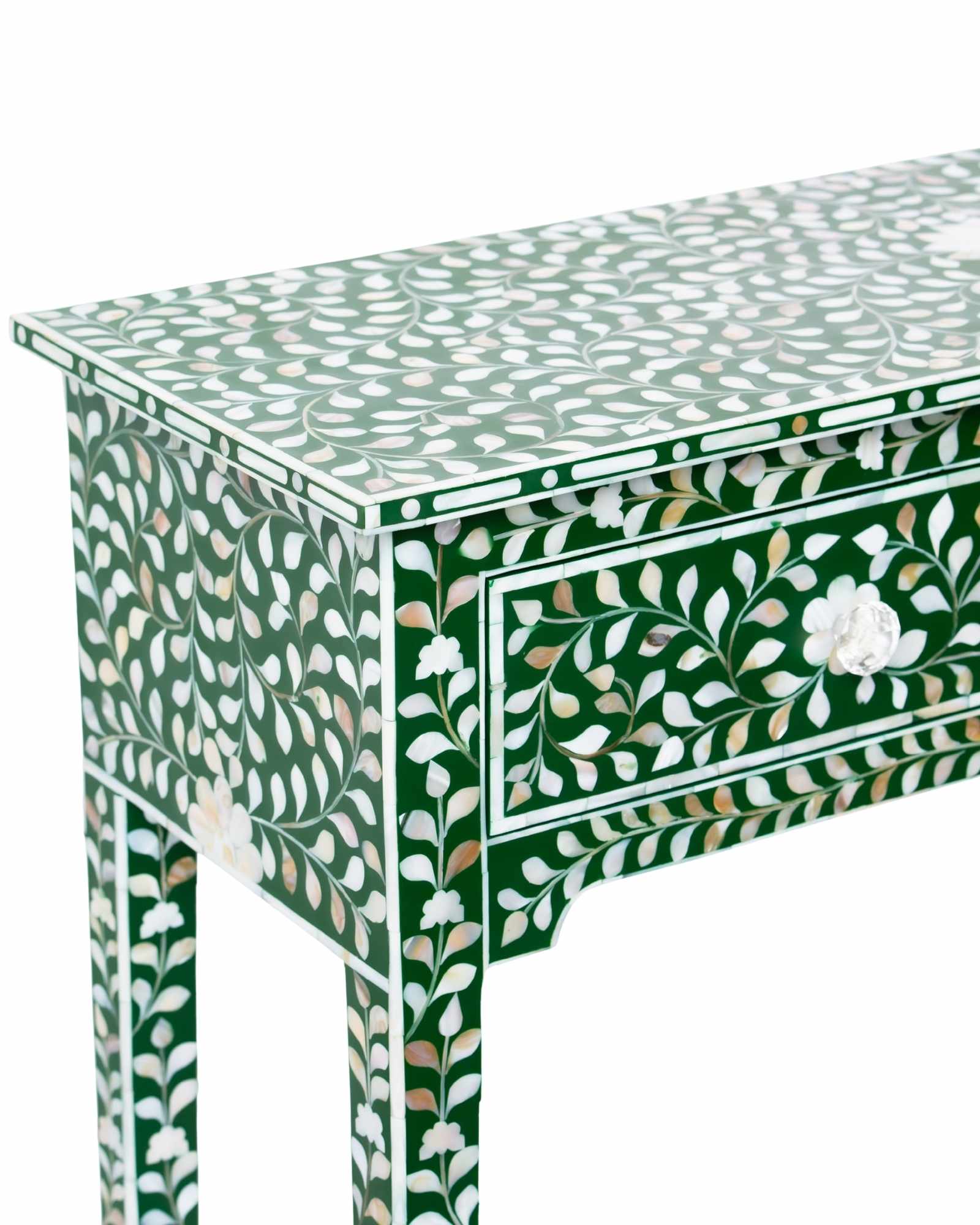 Green mother of pearl inlay console with curved fully inlaid base, handcrafted with seamless iridescent detailing.

