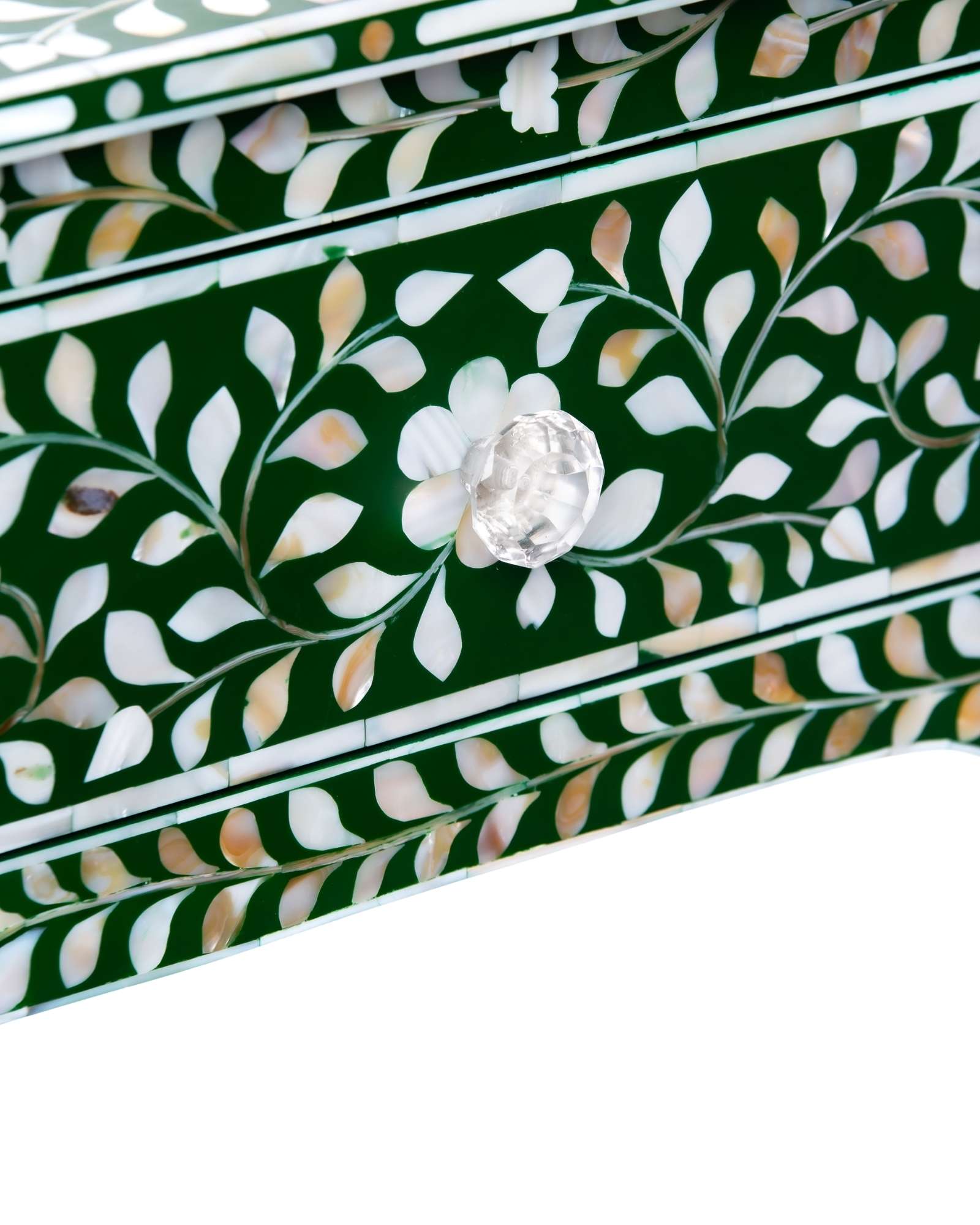 Green mother of pearl inlay console with curved fully inlaid base, handcrafted with seamless iridescent detailing.
