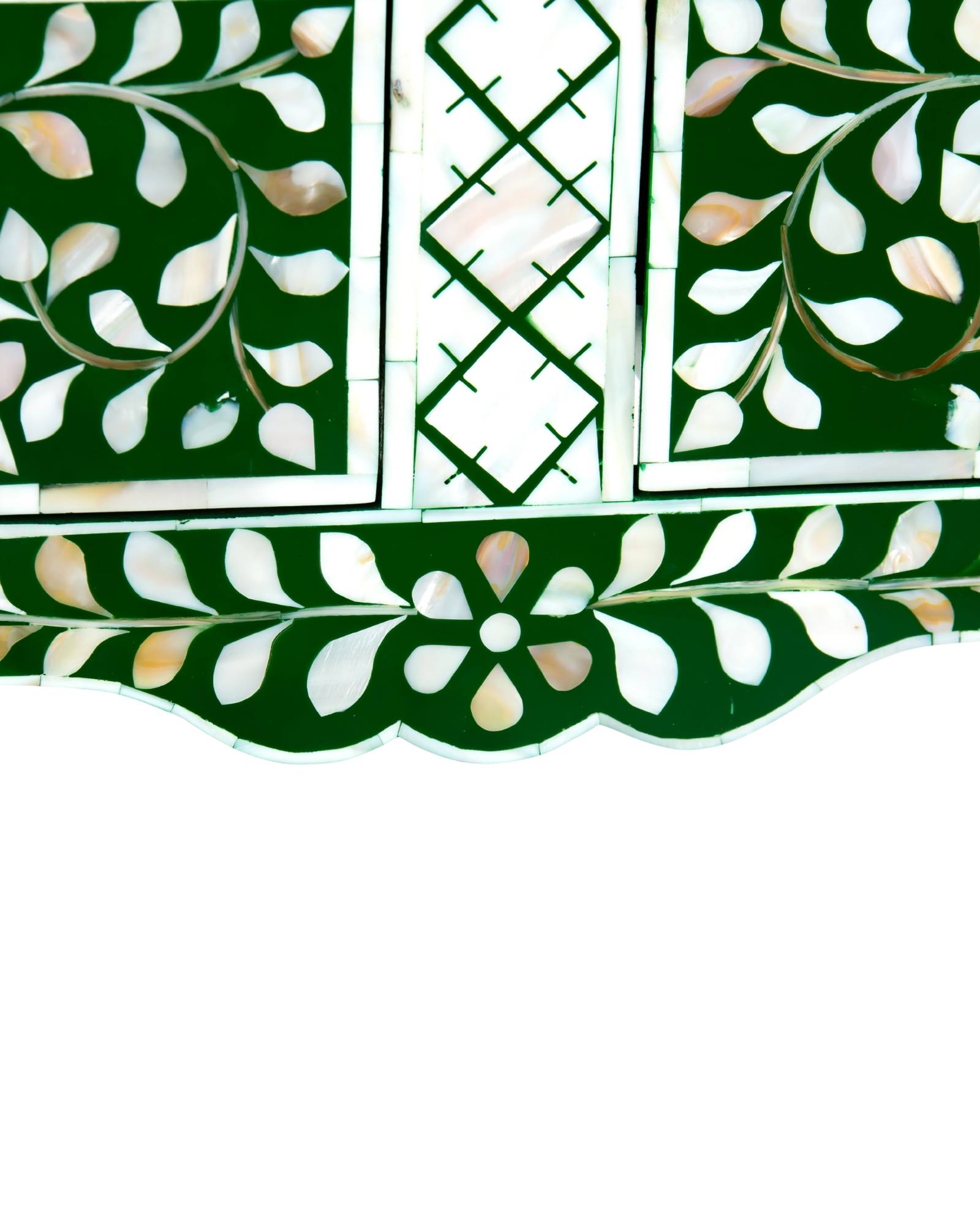 Green mother of pearl inlay console with curved fully inlaid base, handcrafted with seamless iridescent detailing.
