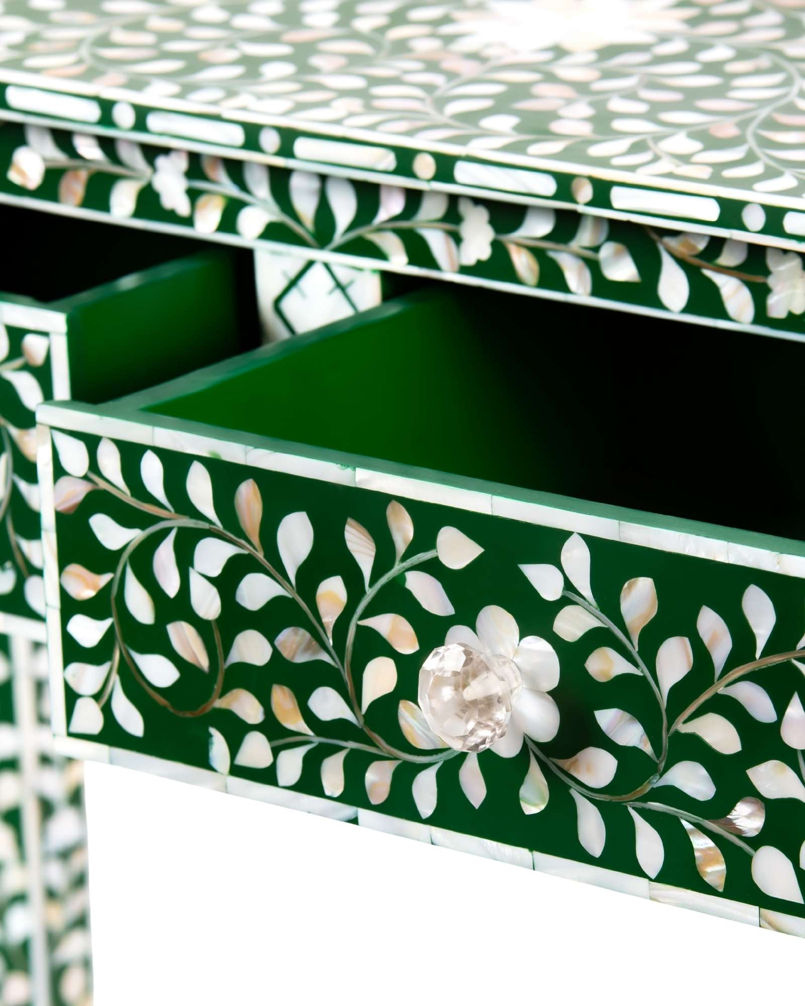Green mother of pearl inlay console with curved fully inlaid base, handcrafted with seamless iridescent detailing.
