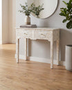 White mother of pearl inlay console with curved fully inlaid base, handcrafted with seamless iridescent detailing.