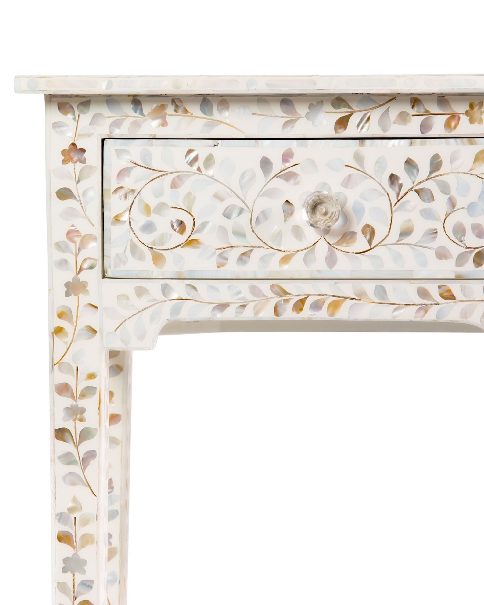 White mother of pearl inlay console with curved fully inlaid base, handcrafted with seamless iridescent detailing.
