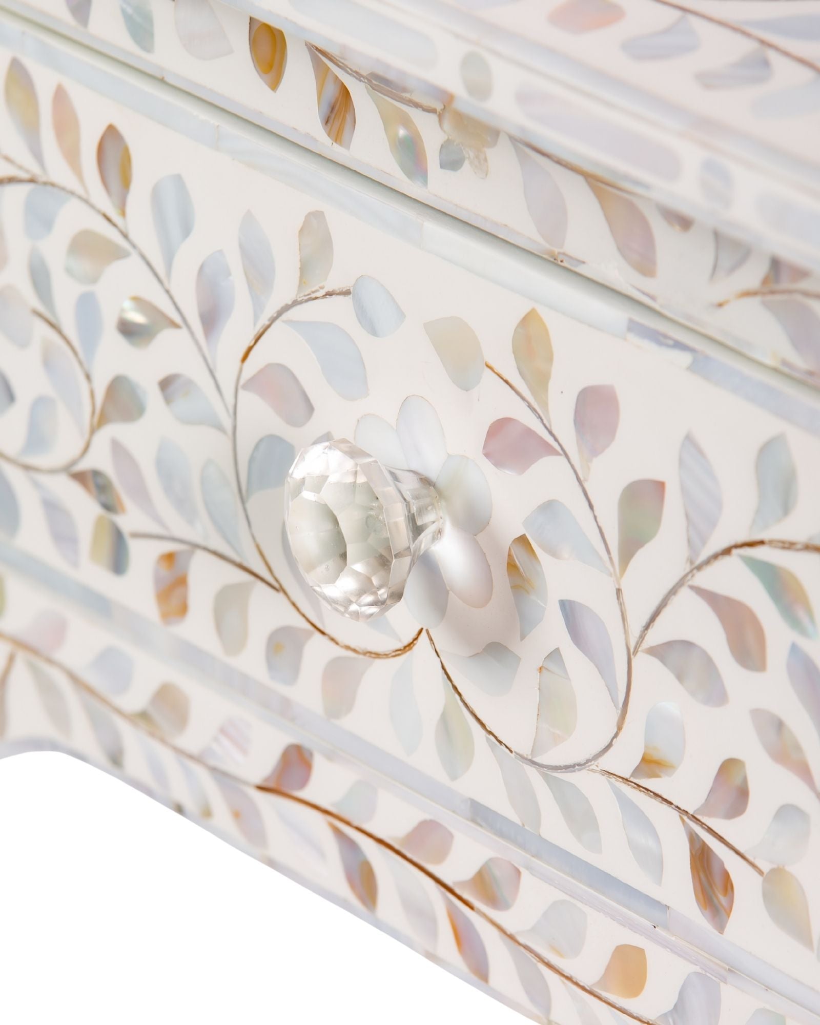 White mother of pearl inlay console with curved fully inlaid base, handcrafted with seamless iridescent detailing.