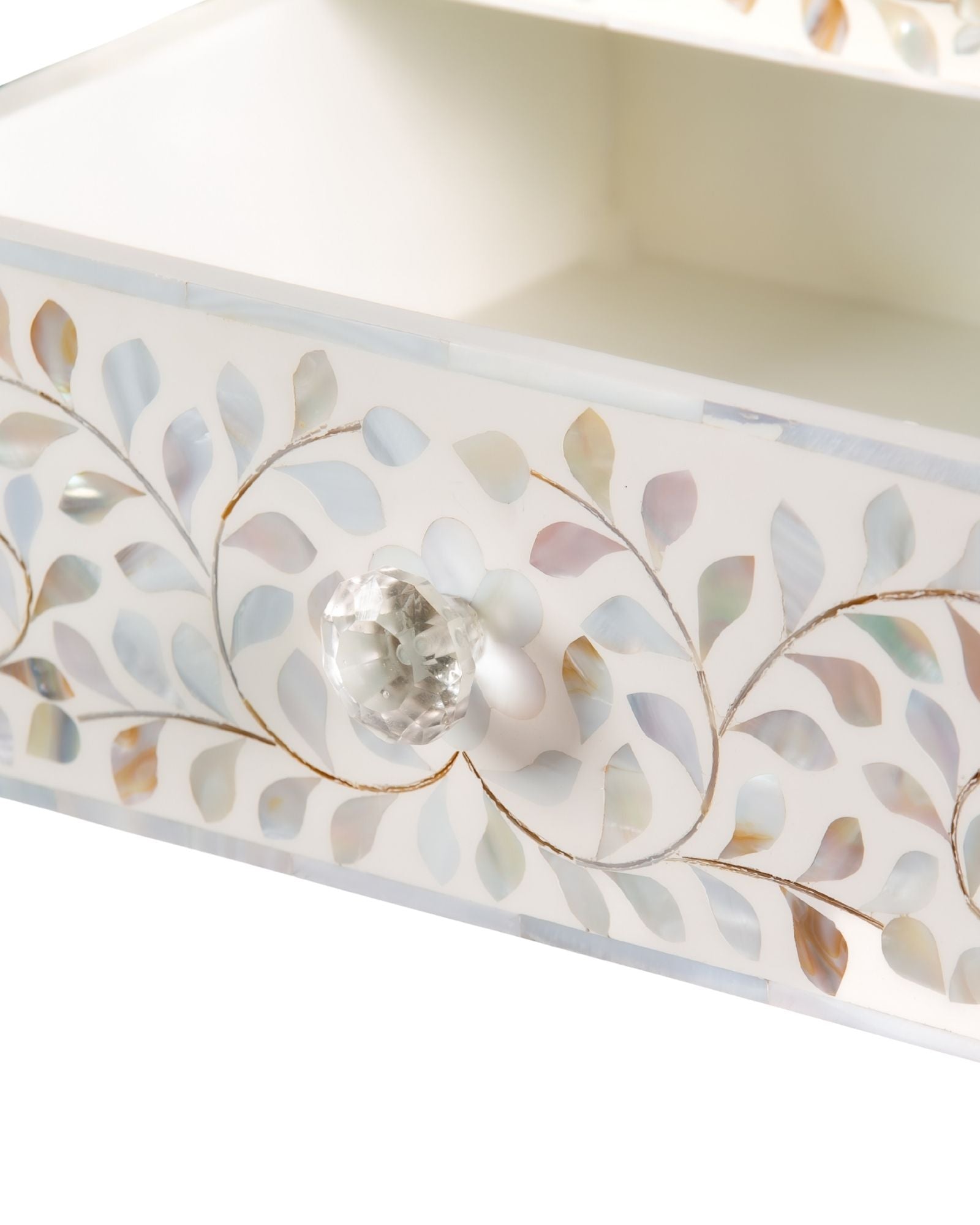 White mother of pearl inlay console with curved fully inlaid base, handcrafted with seamless iridescent detailing.