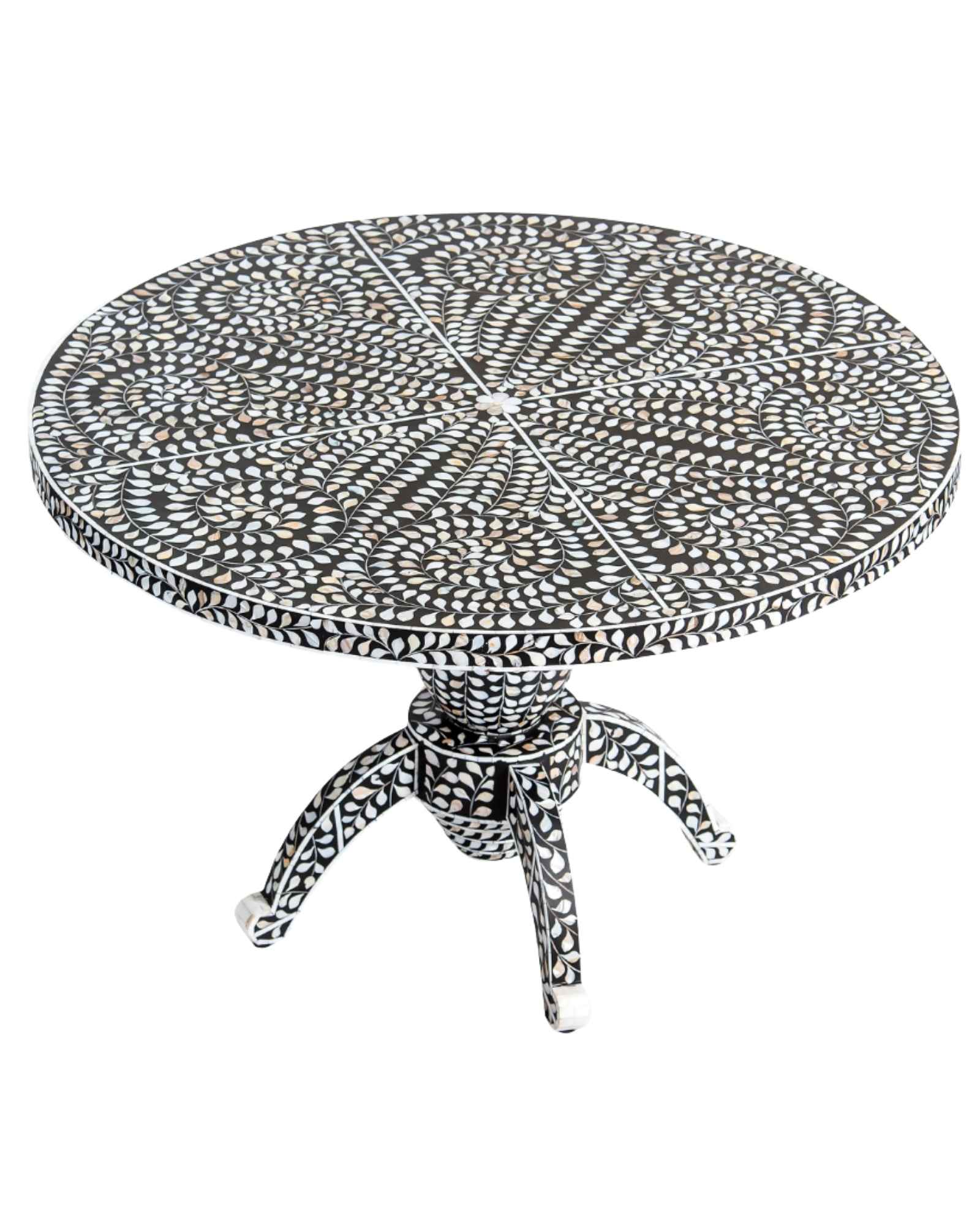 Handcrafted Iris dining table featuring black mother of pearl inlay with a round top and sculptural pedestal base.