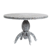 Handcrafted Iris dining table featuring black mother of pearl inlay with a round top and sculptural pedestal base.