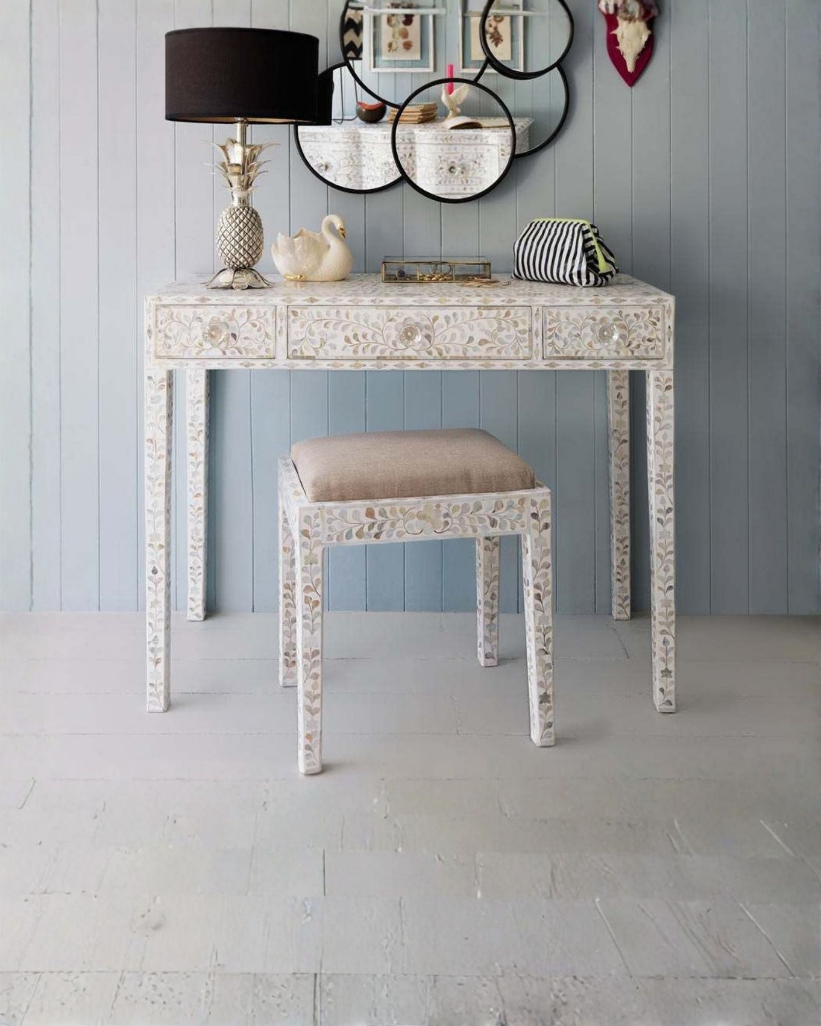 Iris Dresser Console & Stool - White Mother of Pearl - Tabeer Homes