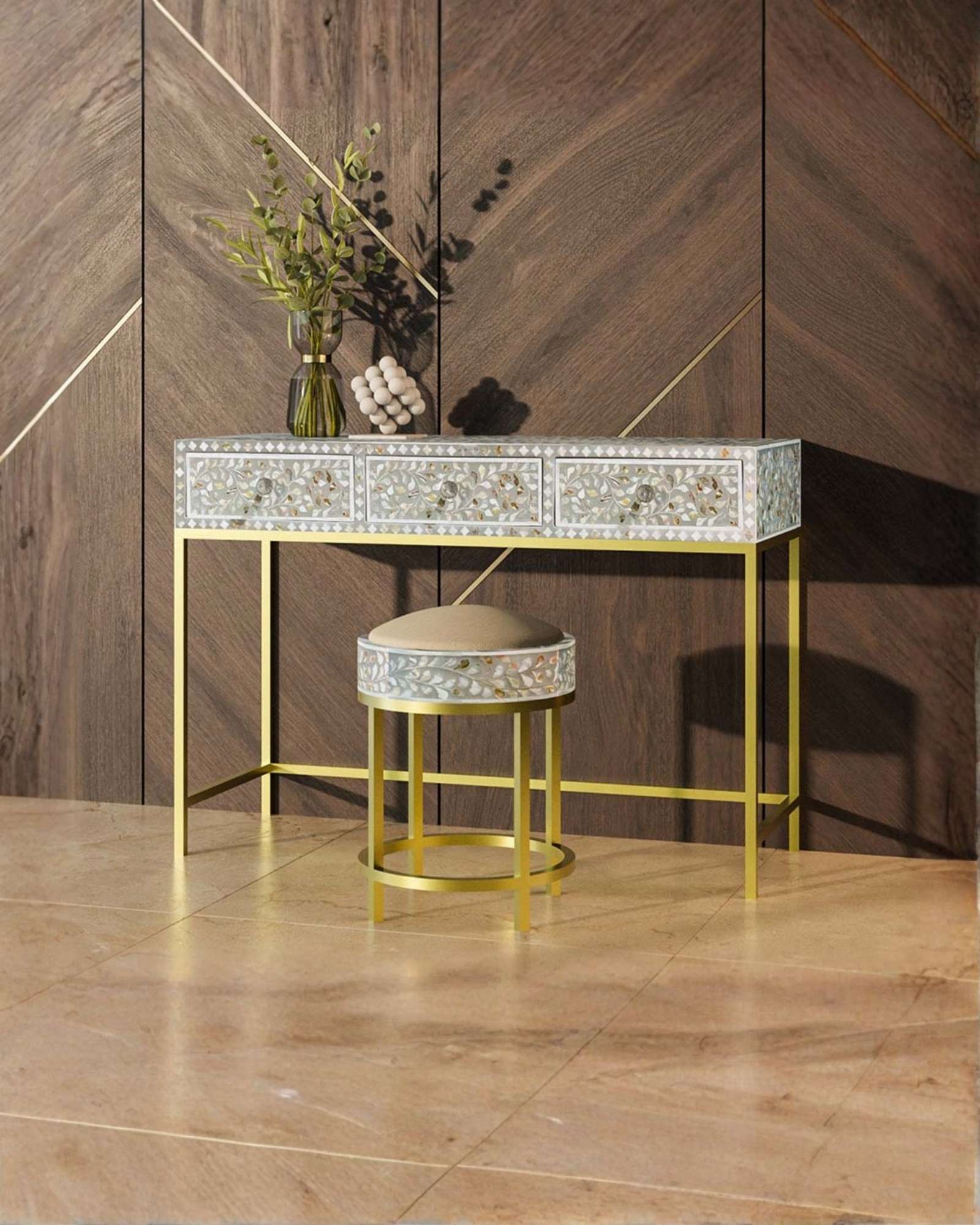 Seema Dresser Console & Stool - Grey Mother of Pearl - Tabeer Homes