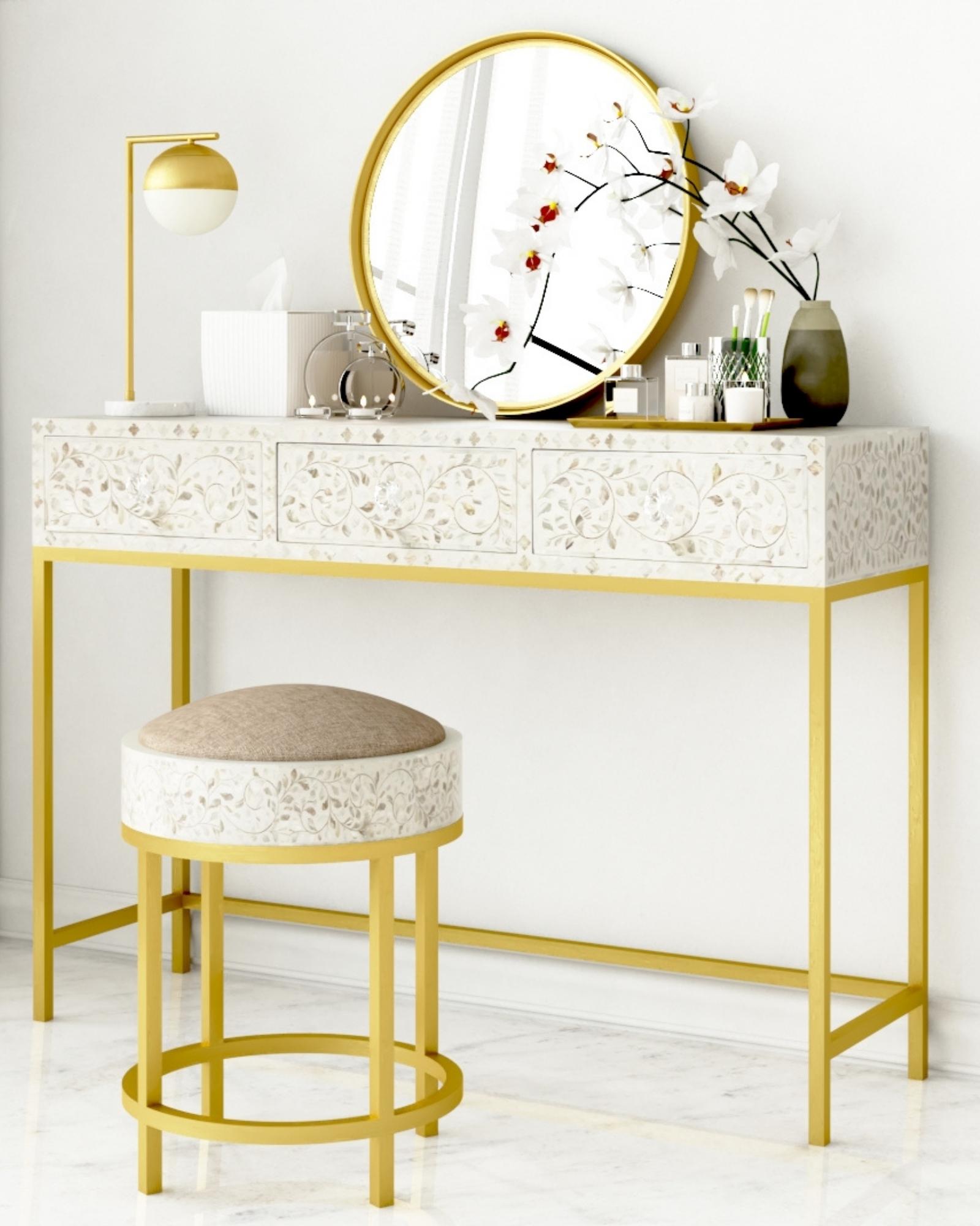 Iris Dresser Console & Stool - White Mother of Pearl Inlay