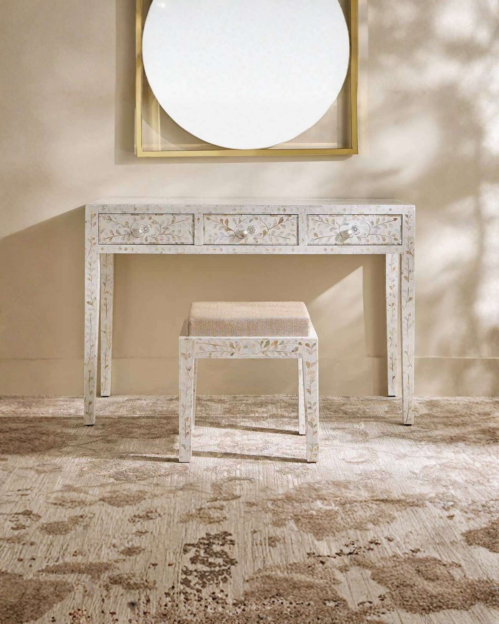 Iris Dresser Console & Stool - White Mother of Pearl - Tabeer Homes