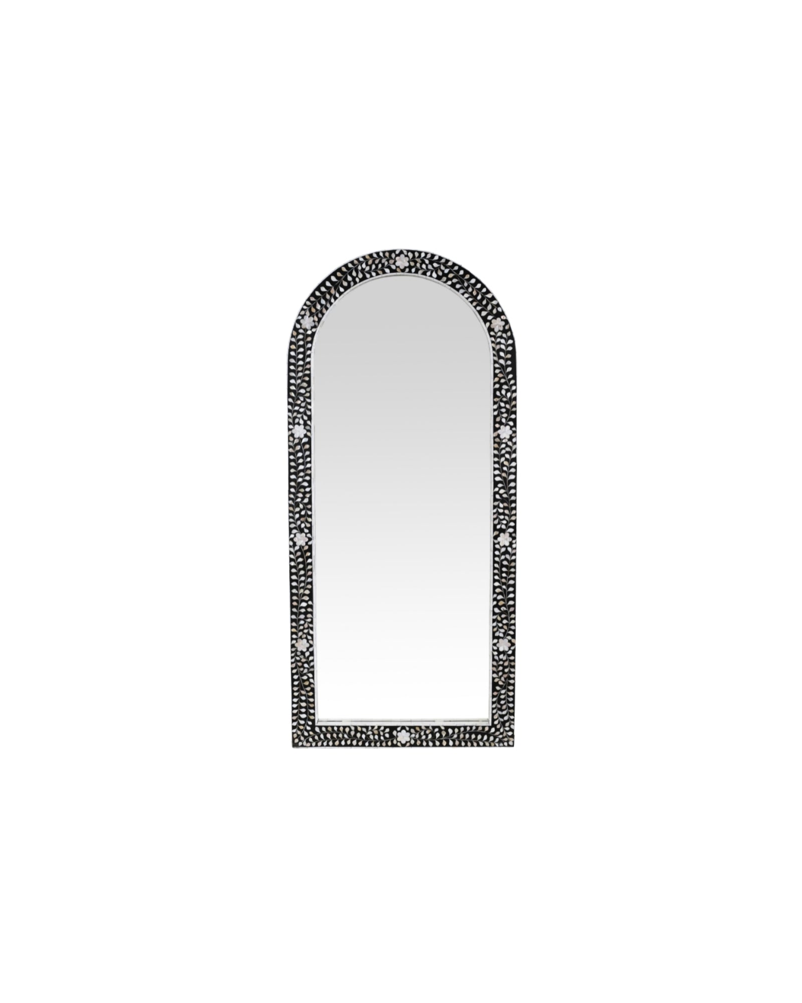 Elegant black mother of pearl inlay mirror with floral pattern, handcrafted for timeless luxury and sophistication.