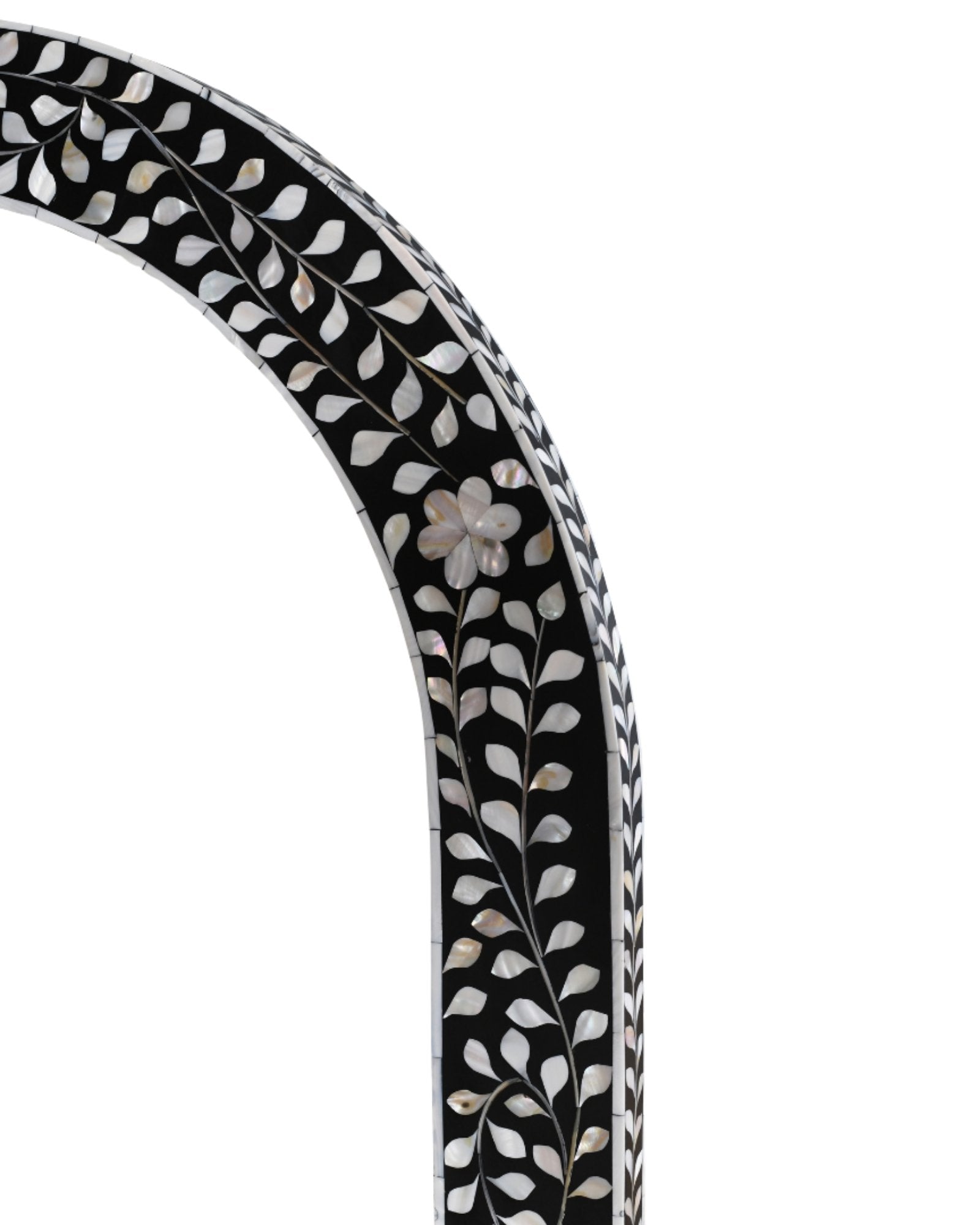 Elegant black mother of pearl inlay mirror with floral pattern, handcrafted for timeless luxury and sophistication.