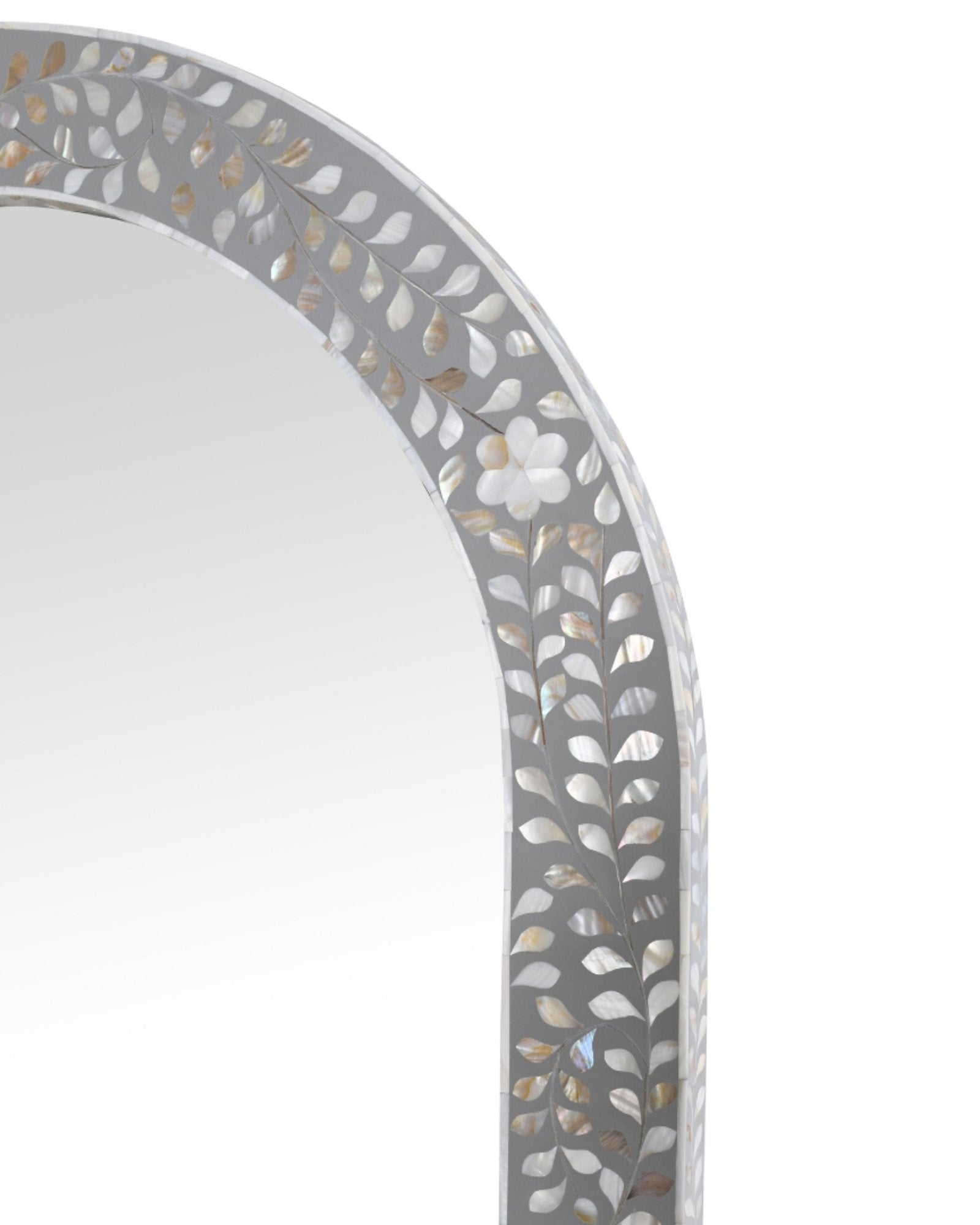 Handcrafted grey mother of pearl inlay mirror with floral detailing and arched frame, perfect for elegant interiors.