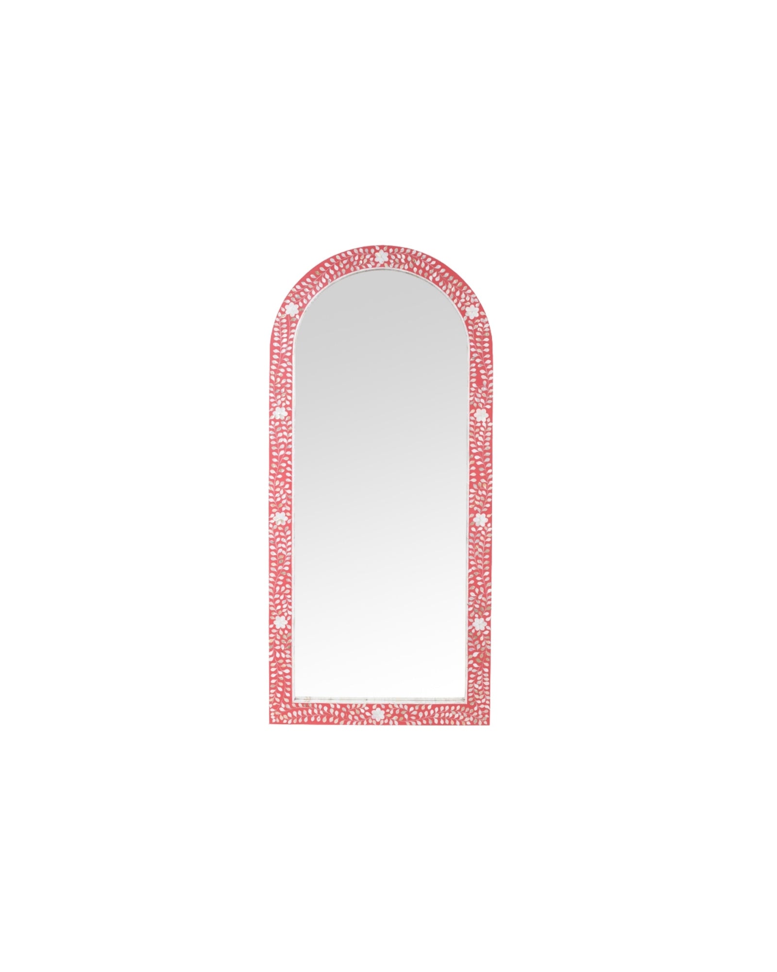 Handcrafted arched mirror with pink mother of pearl inlay, featuring intricate floral and vine detailing on a sleek frame.