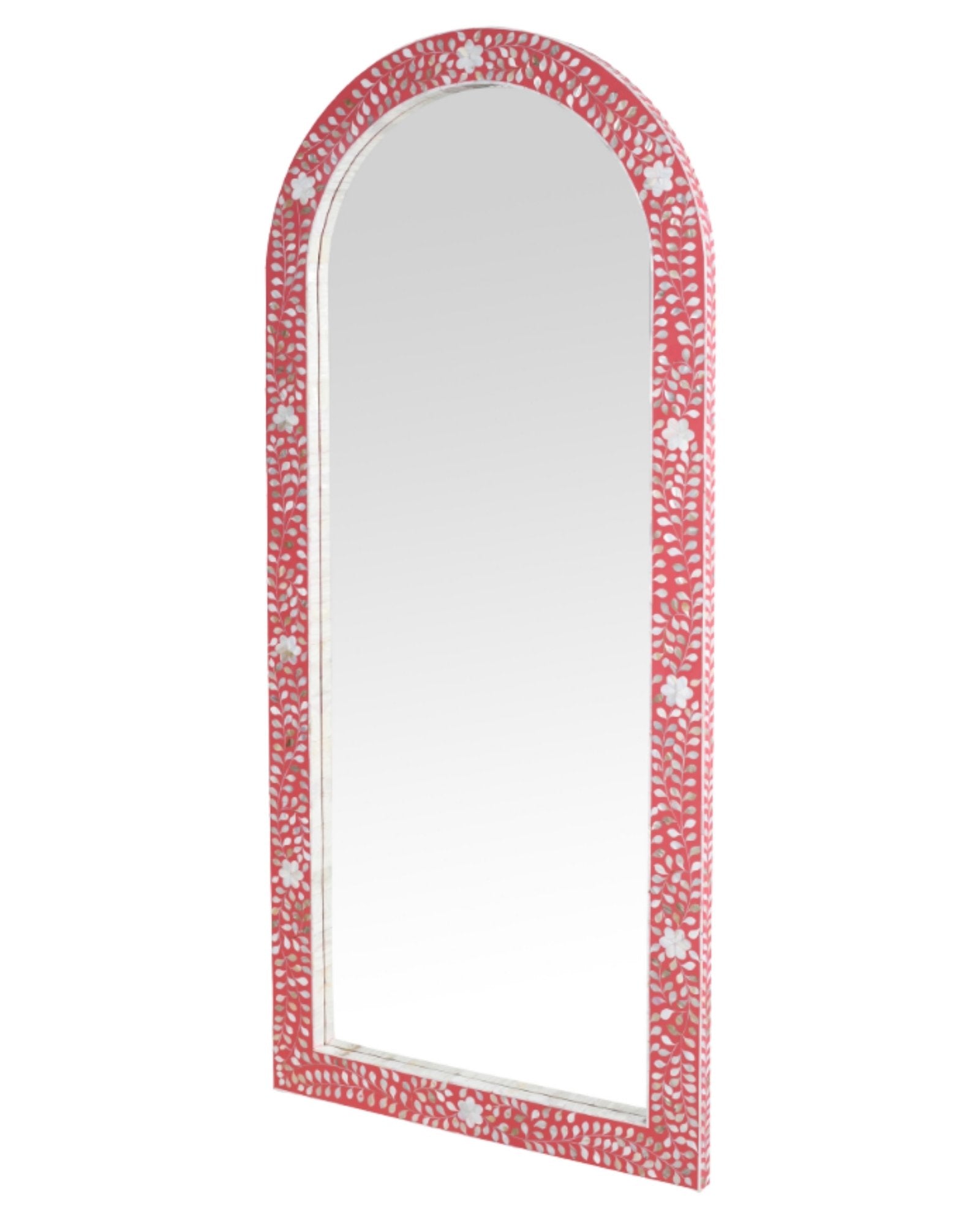 Handcrafted arched mirror with pink mother of pearl inlay, featuring intricate floral and vine detailing on a sleek frame.