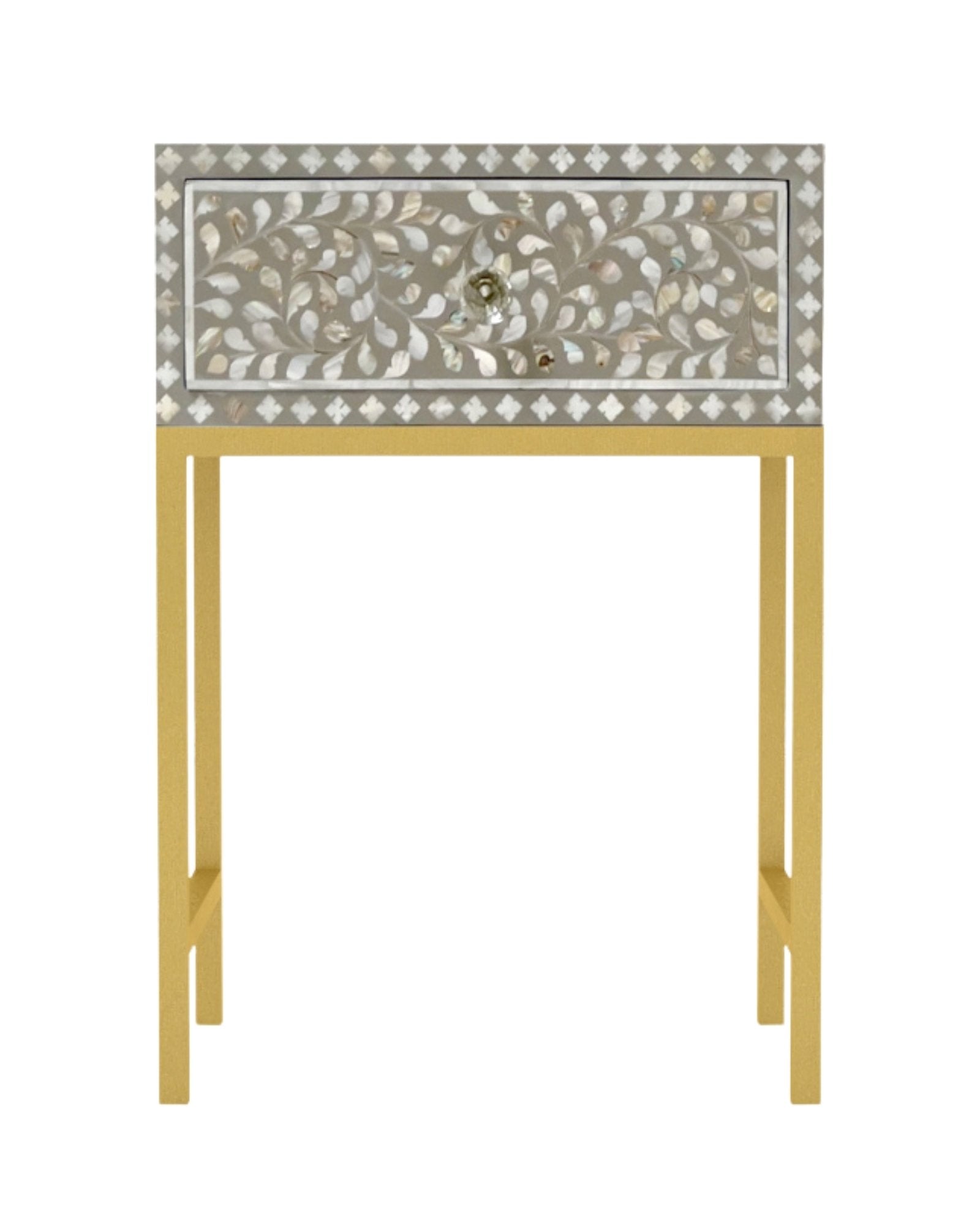 Grey mother of pearl inlay side drawer with gold base, crafted in floral design