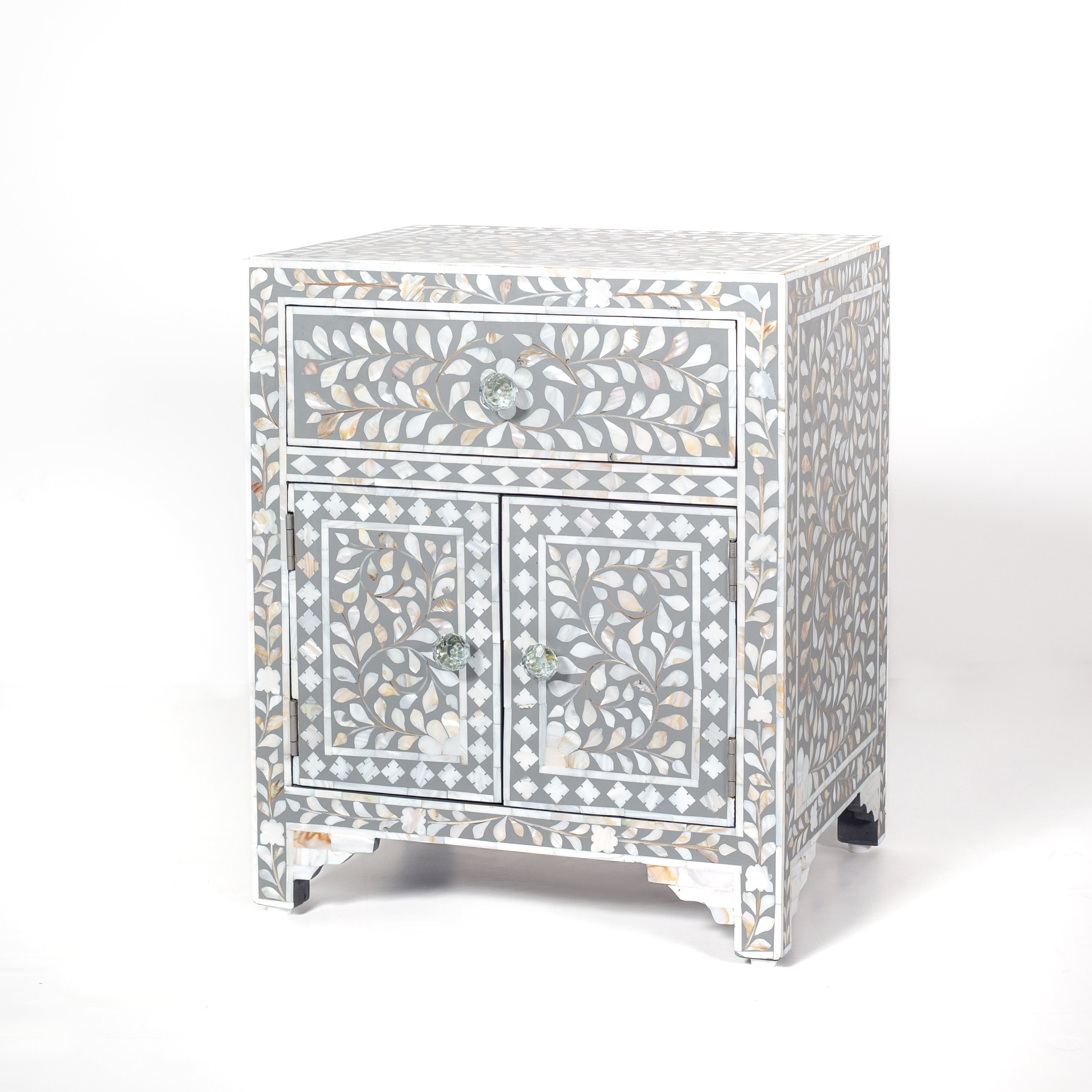 Handcrafted grey and white Mother of Pearl inlay side drawers by Tabeer Homes, made from solid mango wood with floral motifs and global delivery.