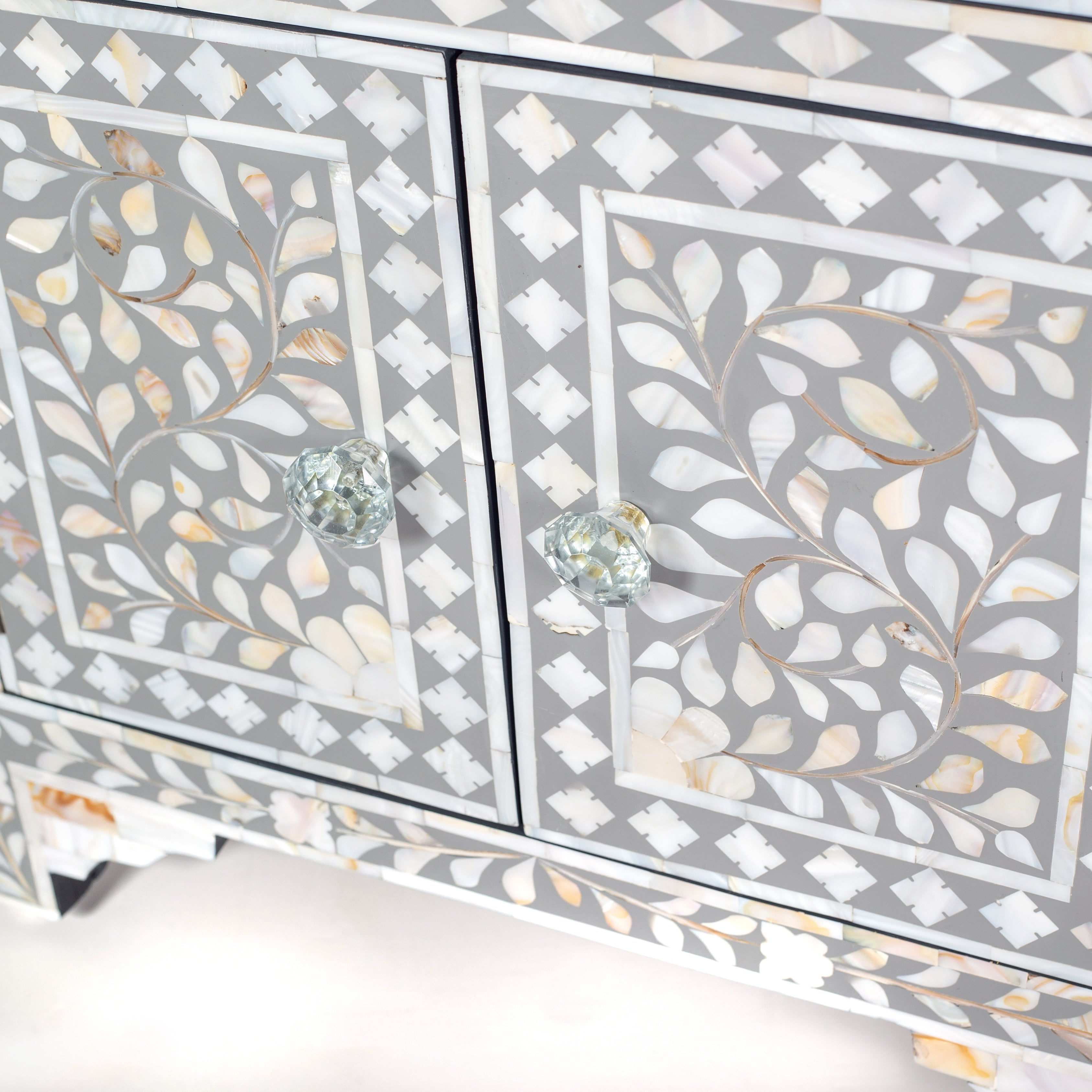 Handcrafted grey and white Mother of Pearl inlay side drawers by Tabeer Homes, made from solid mango wood with floral motifs and global delivery.