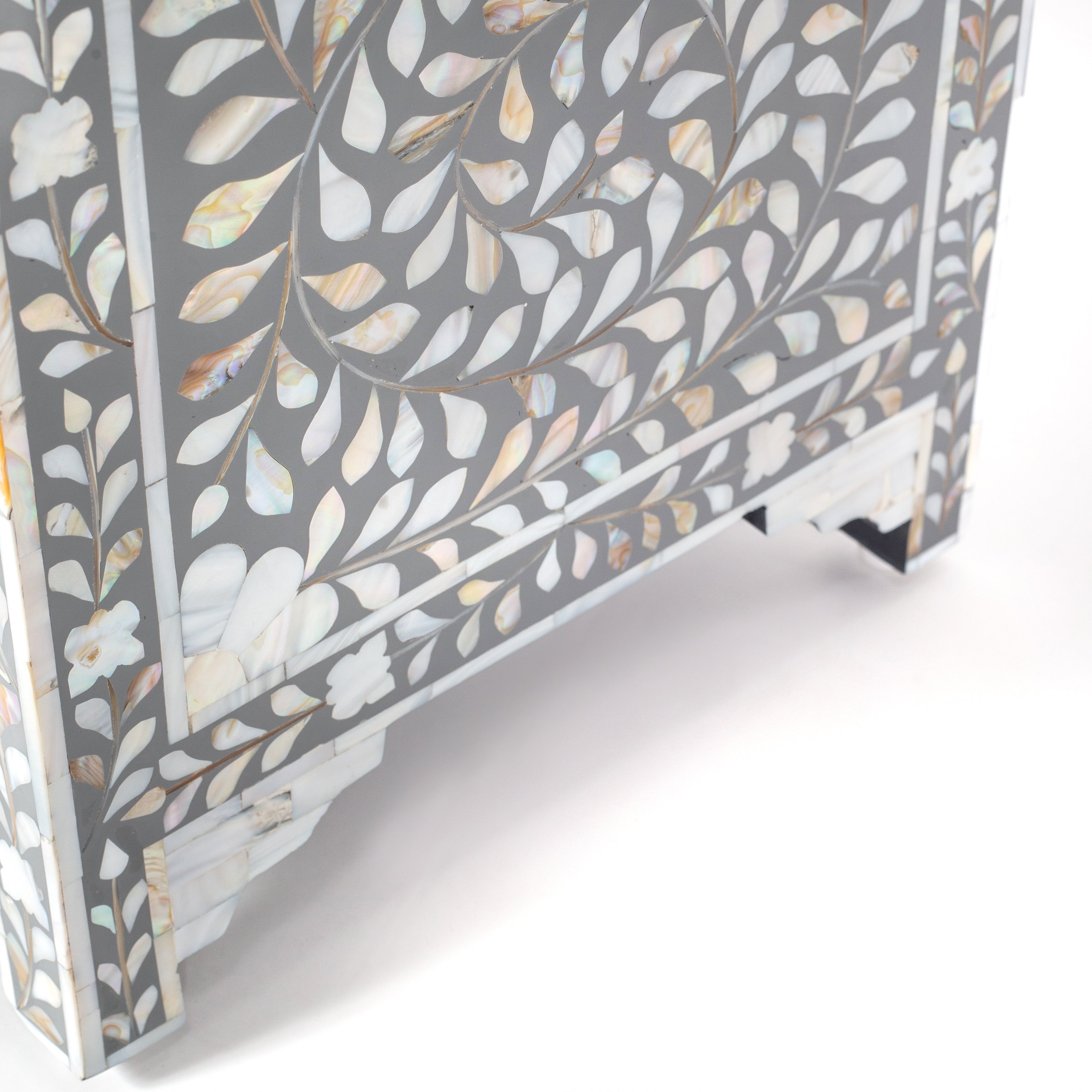 Handcrafted grey and white Mother of Pearl inlay side drawers by Tabeer Homes, made from solid mango wood with floral motifs and global delivery.