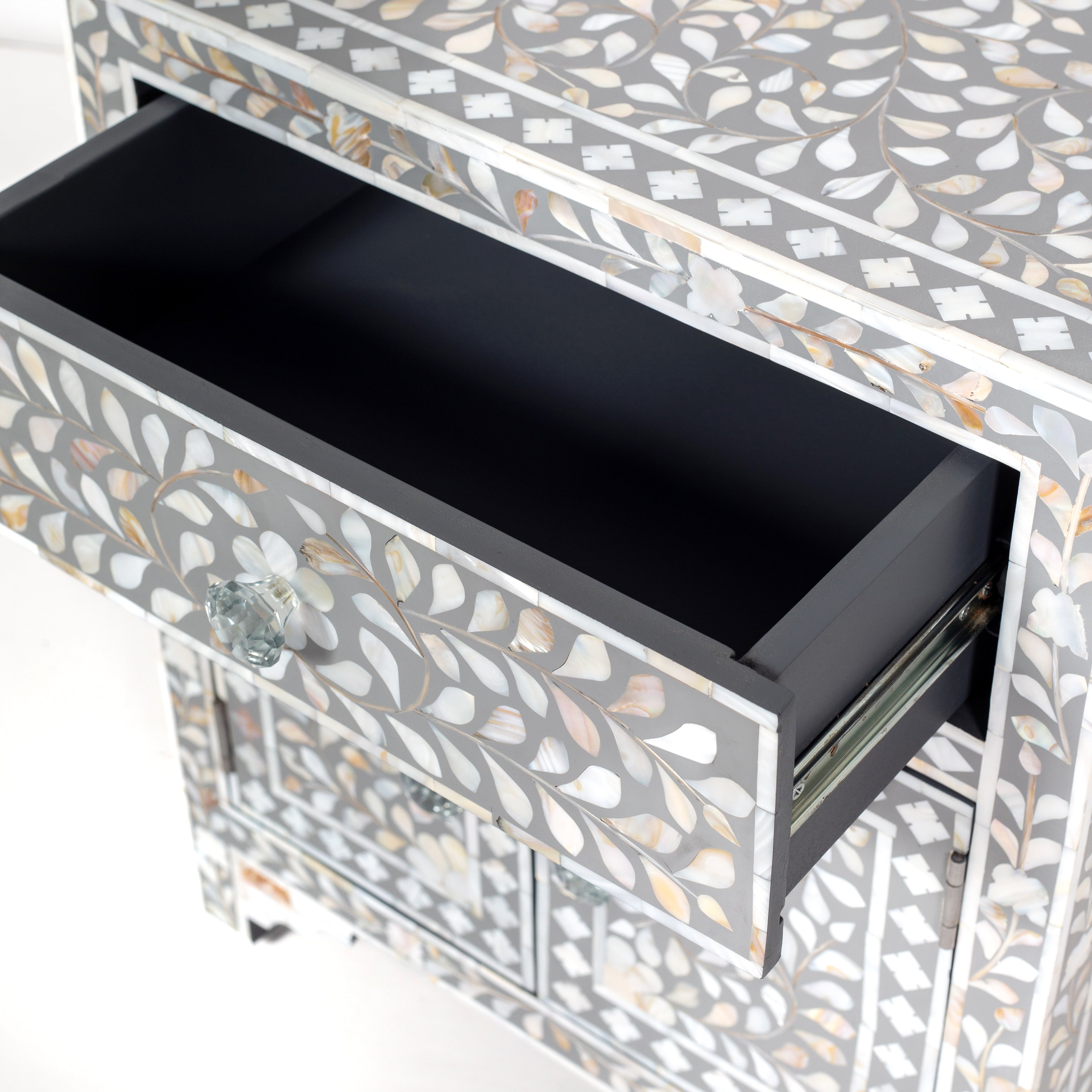 Handcrafted grey and white Mother of Pearl inlay side drawers by Tabeer Homes, made from solid mango wood with floral motifs and global delivery.
