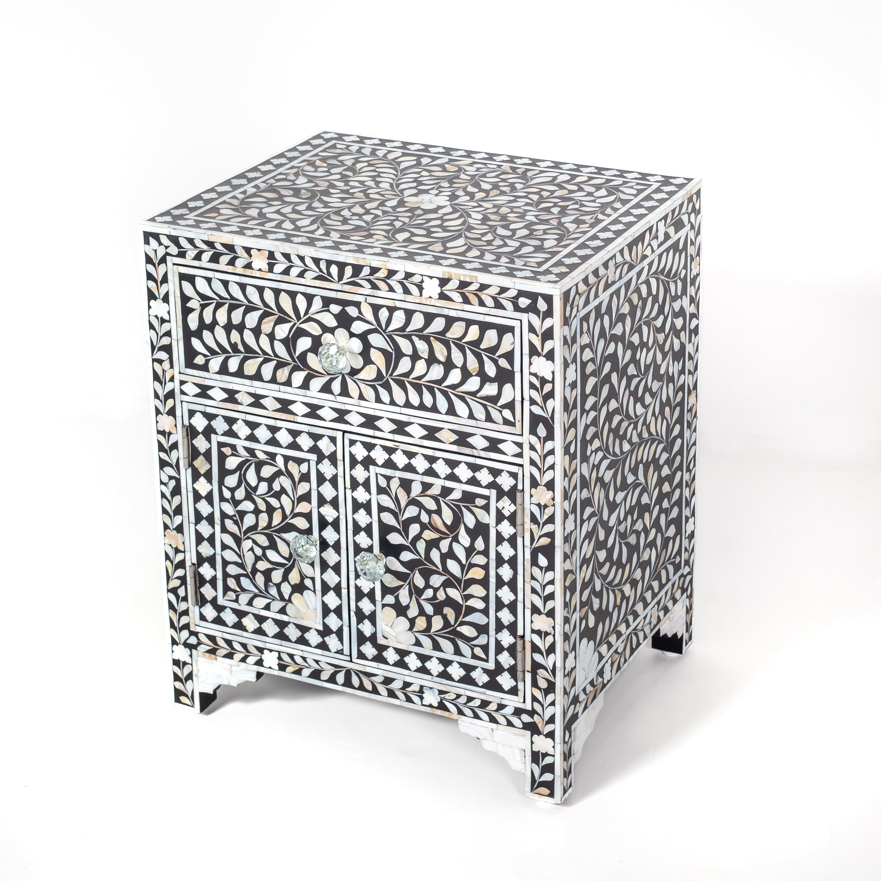 Handcrafted black and white mother of pearl inlay side drawers, artisan-made heirloom by Tabeer Homes furniture with global delivery.