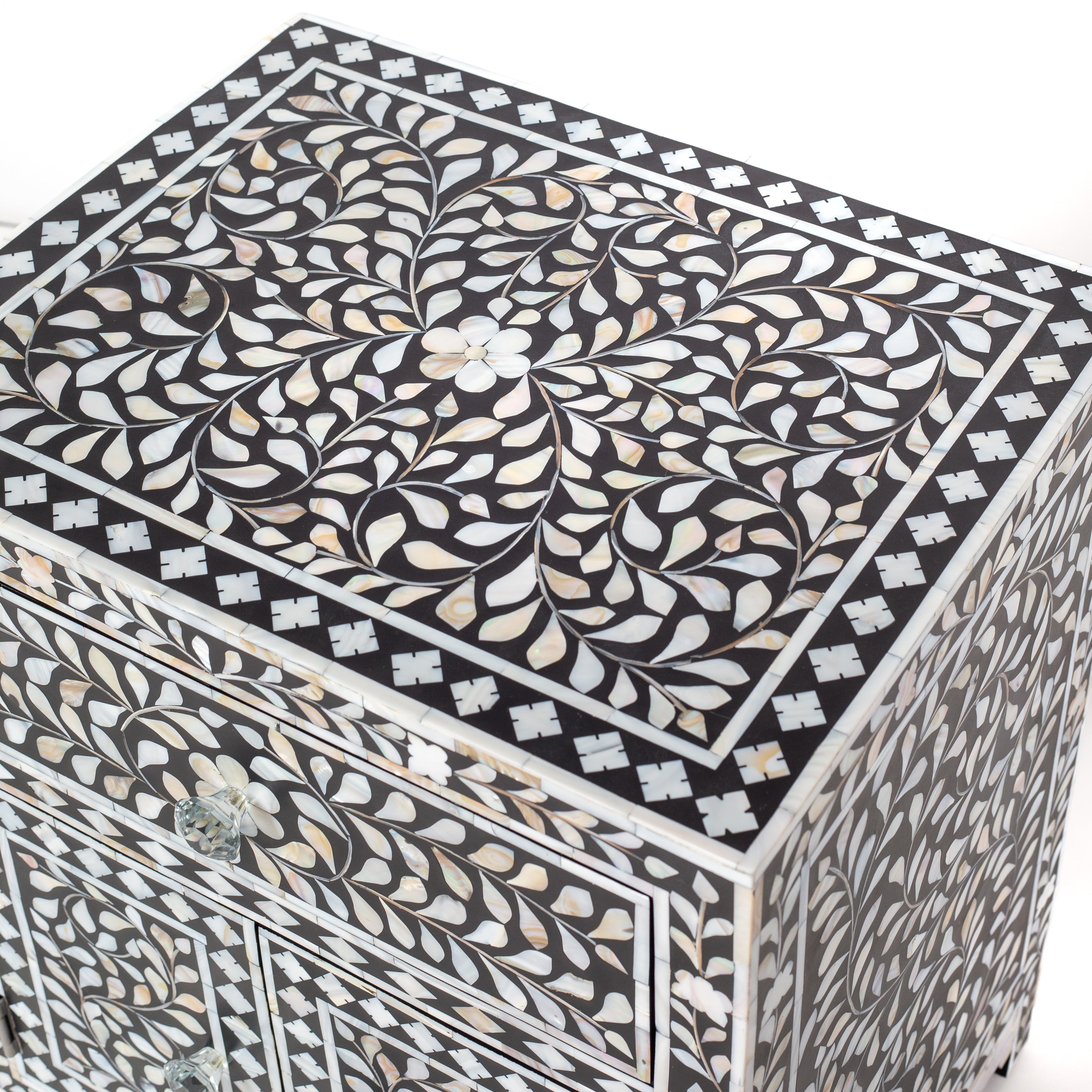 Handcrafted black and white mother of pearl inlay side drawers, artisan-made heirloom by Tabeer Homes furniture with global delivery.