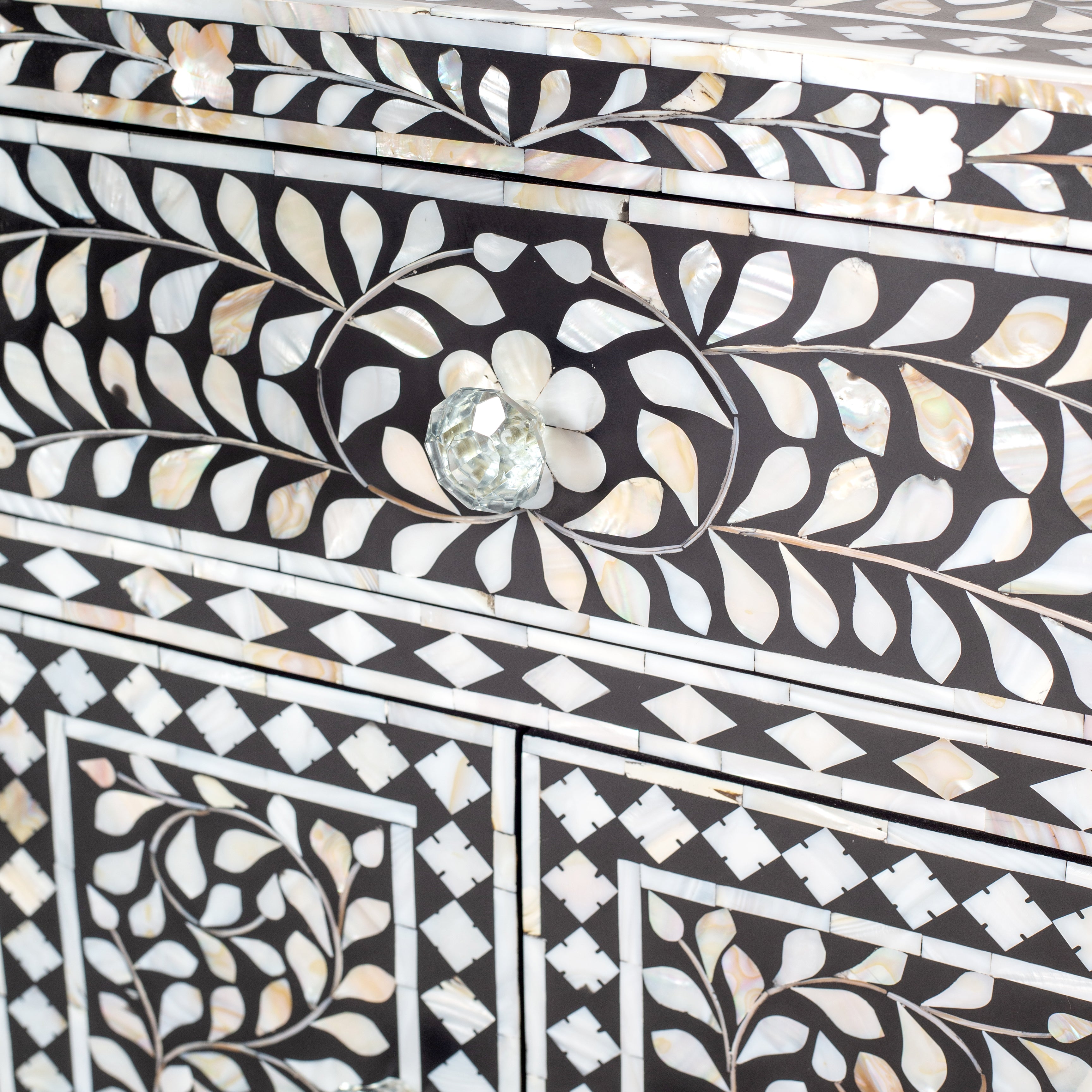 Handcrafted black and white mother of pearl inlay side drawers, artisan-made heirloom by Tabeer Homes furniture with global delivery.