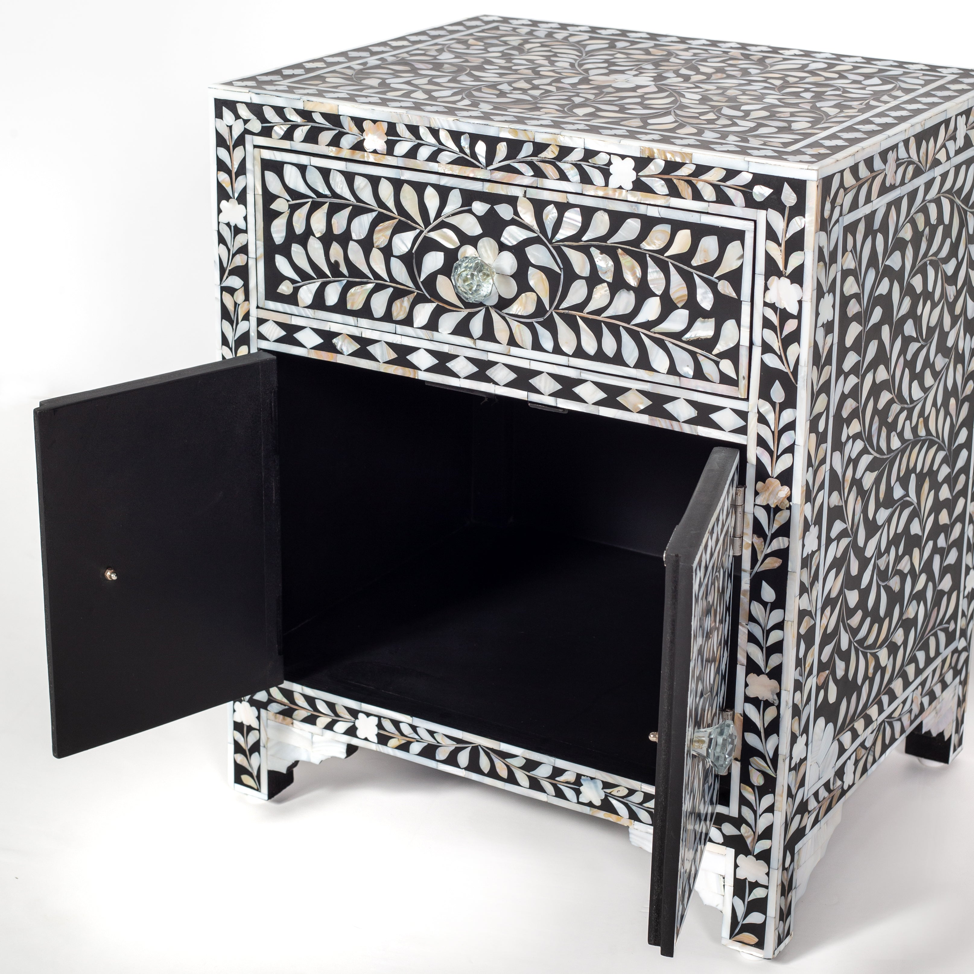 Handcrafted black and white mother of pearl inlay side drawers, artisan-made heirloom by Tabeer Homes furniture with global delivery.