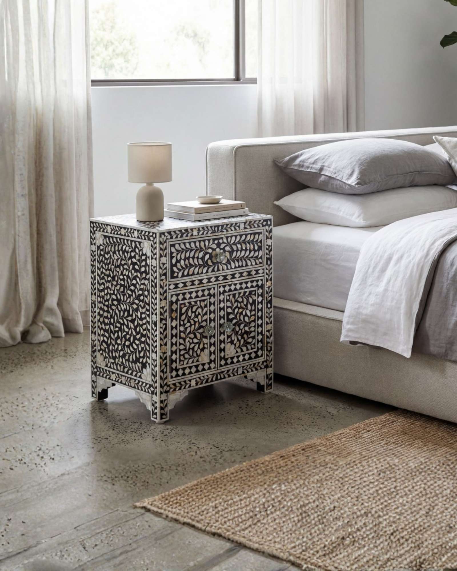 Handcrafted black and white mother of pearl inlay side drawers, artisan-made heirloom by Tabeer Homes furniture with global delivery.