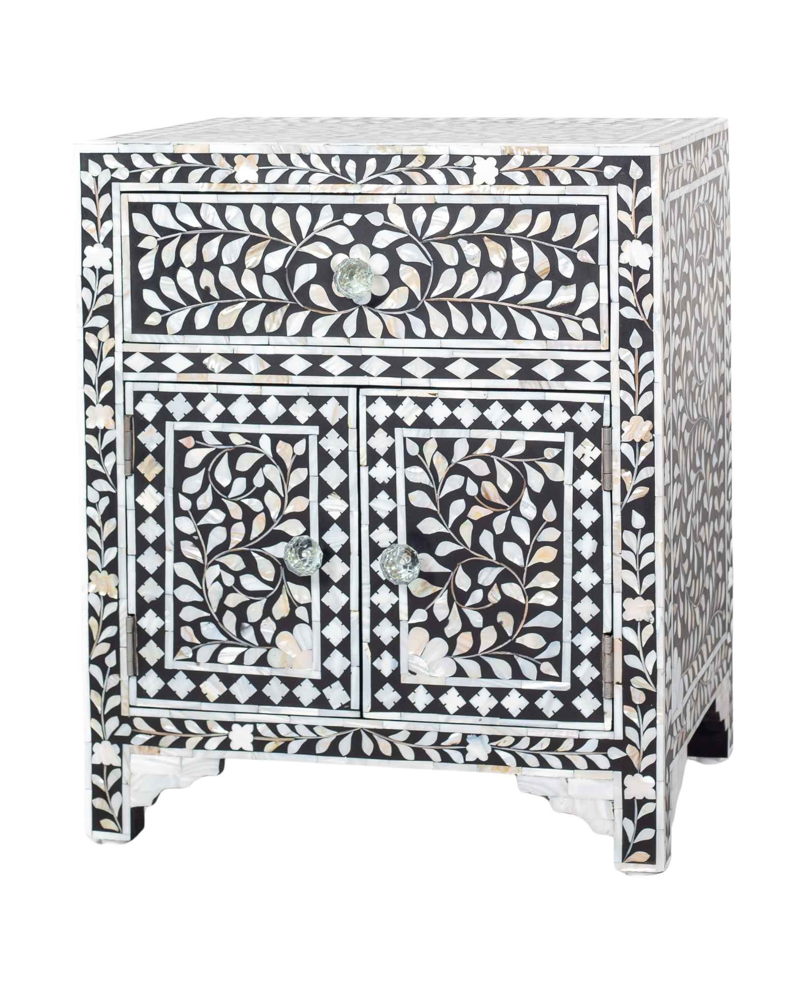 Handcrafted black and white mother of pearl inlay side drawers, artisan-made heirloom by Tabeer Homes furniture with global delivery.