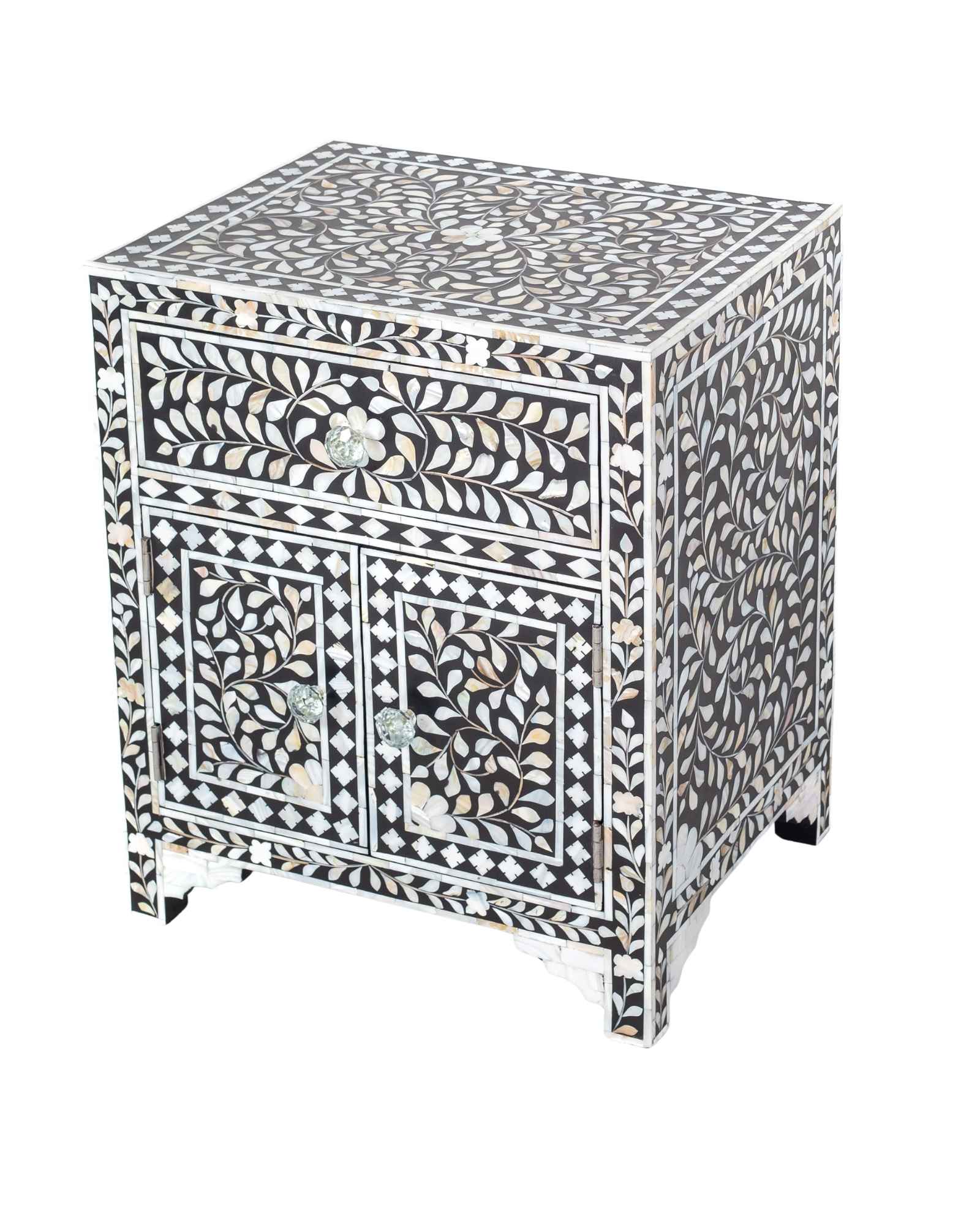 Handcrafted black and white mother of pearl inlay side drawers, artisan-made heirloom by Tabeer Homes furniture with global delivery.