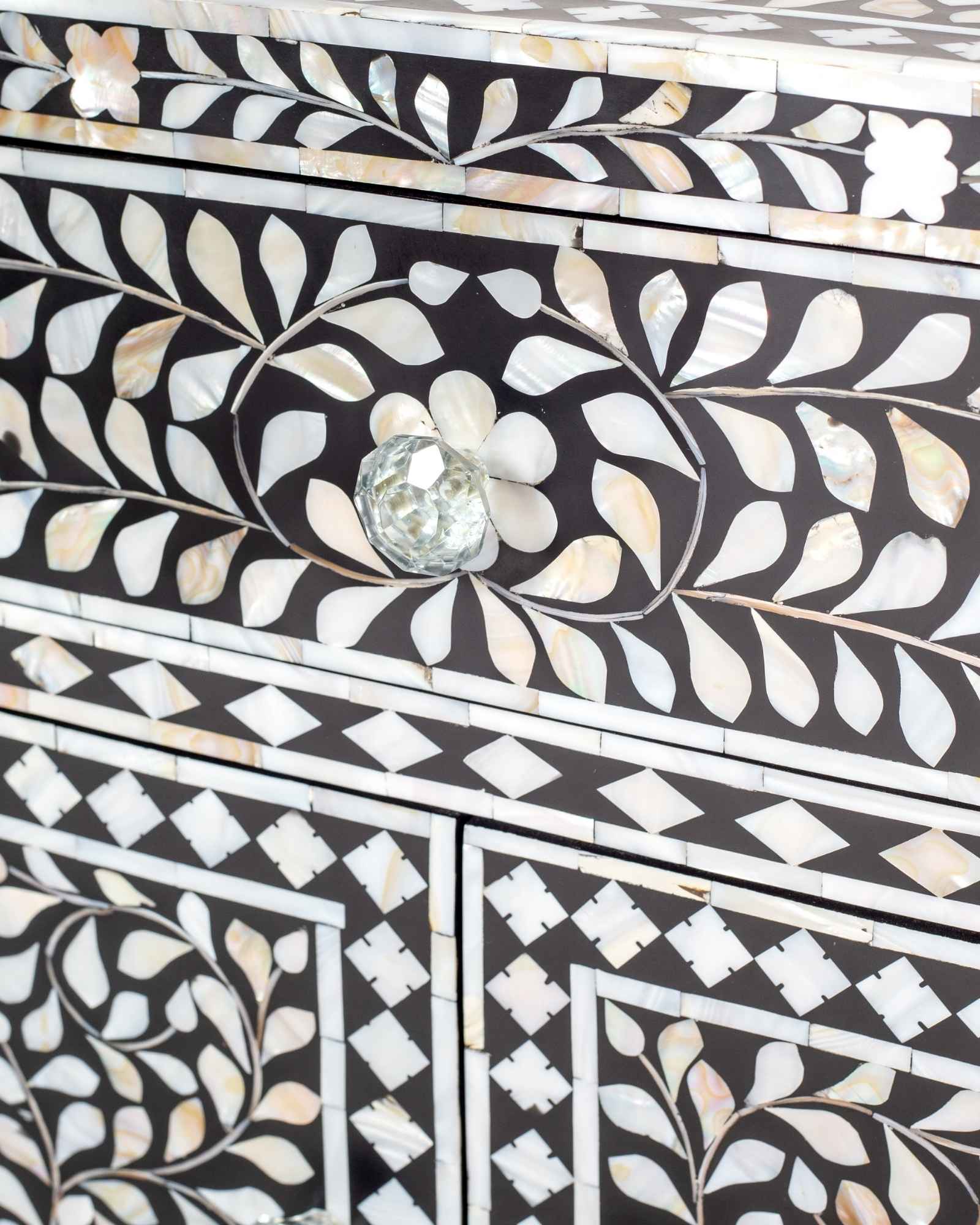 Handcrafted black and white mother of pearl inlay side drawers, artisan-made heirloom by Tabeer Homes furniture with global delivery.