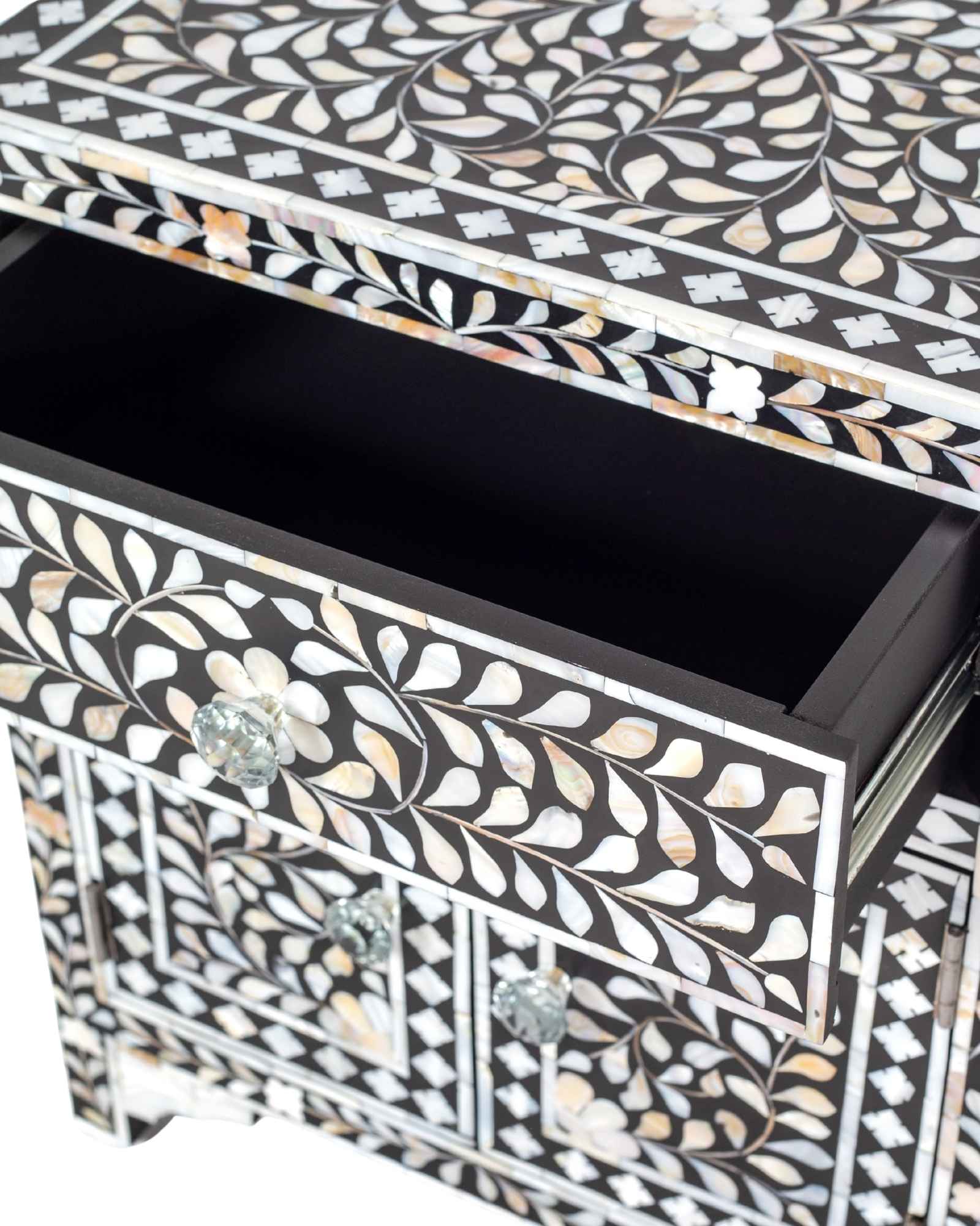 Handcrafted black and white mother of pearl inlay side drawers, artisan-made heirloom by Tabeer Homes furniture with global delivery.