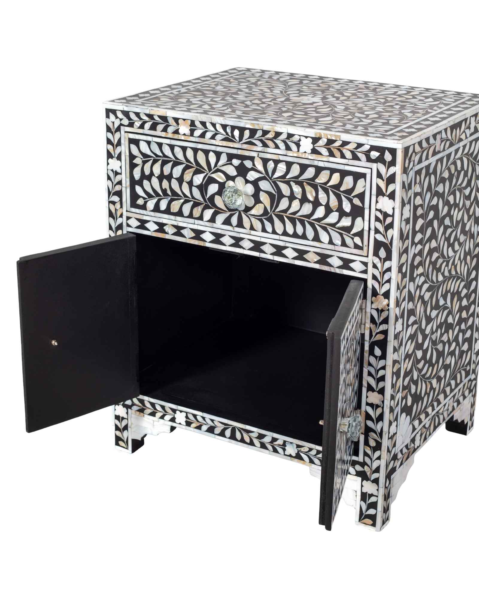 Handcrafted black and white mother of pearl inlay side drawers, artisan-made heirloom by Tabeer Homes furniture with global delivery.