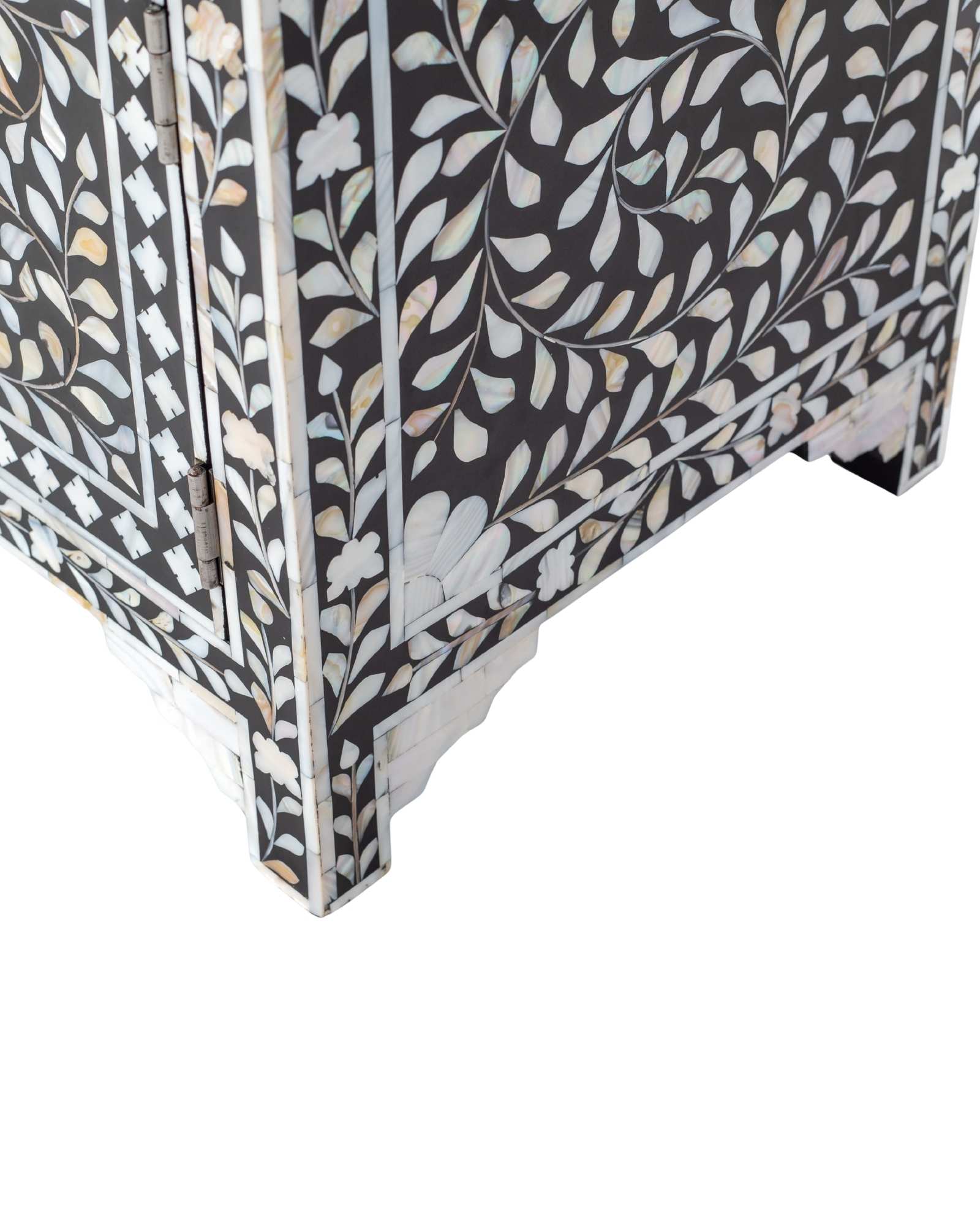 Handcrafted black and white mother of pearl inlay side drawers, artisan-made heirloom by Tabeer Homes furniture with global delivery.