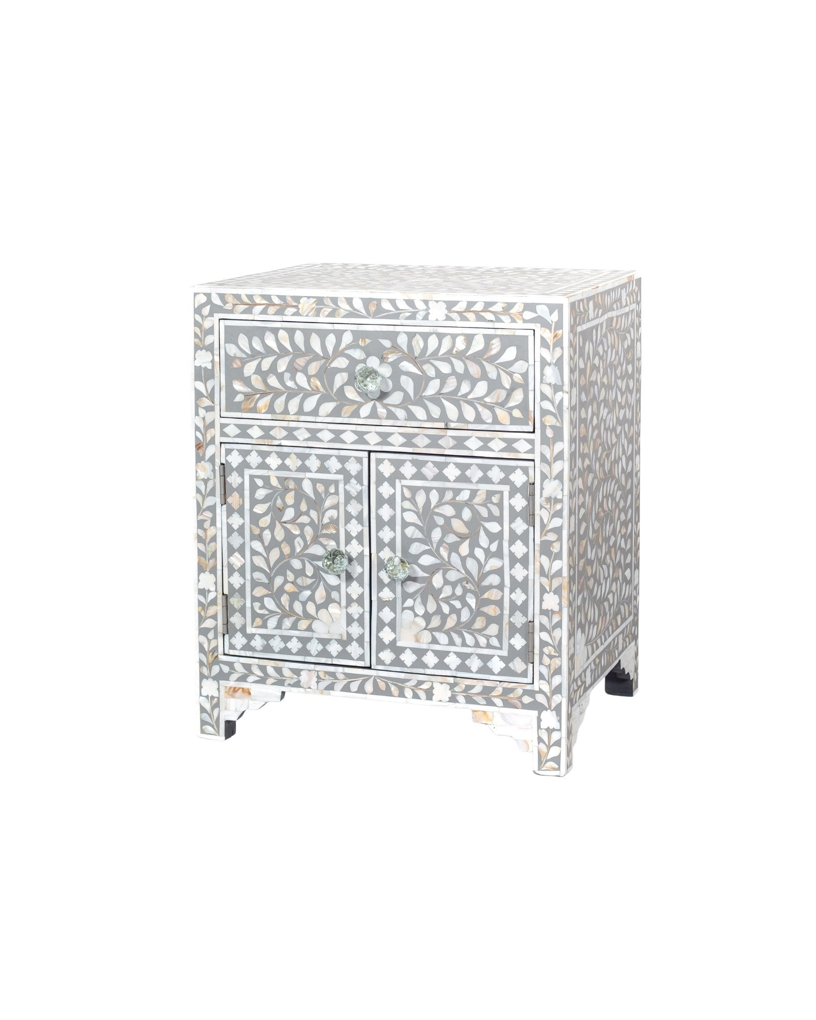Handcrafted grey and white Mother of Pearl inlay side drawers by Tabeer Homes, made from solid mango wood with floral motifs and global delivery.
