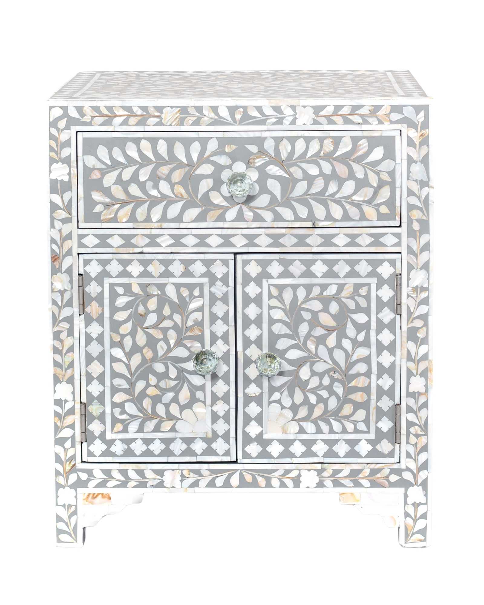 Handcrafted grey and white Mother of Pearl inlay side drawers by Tabeer Homes, made from solid mango wood with floral motifs and global delivery.