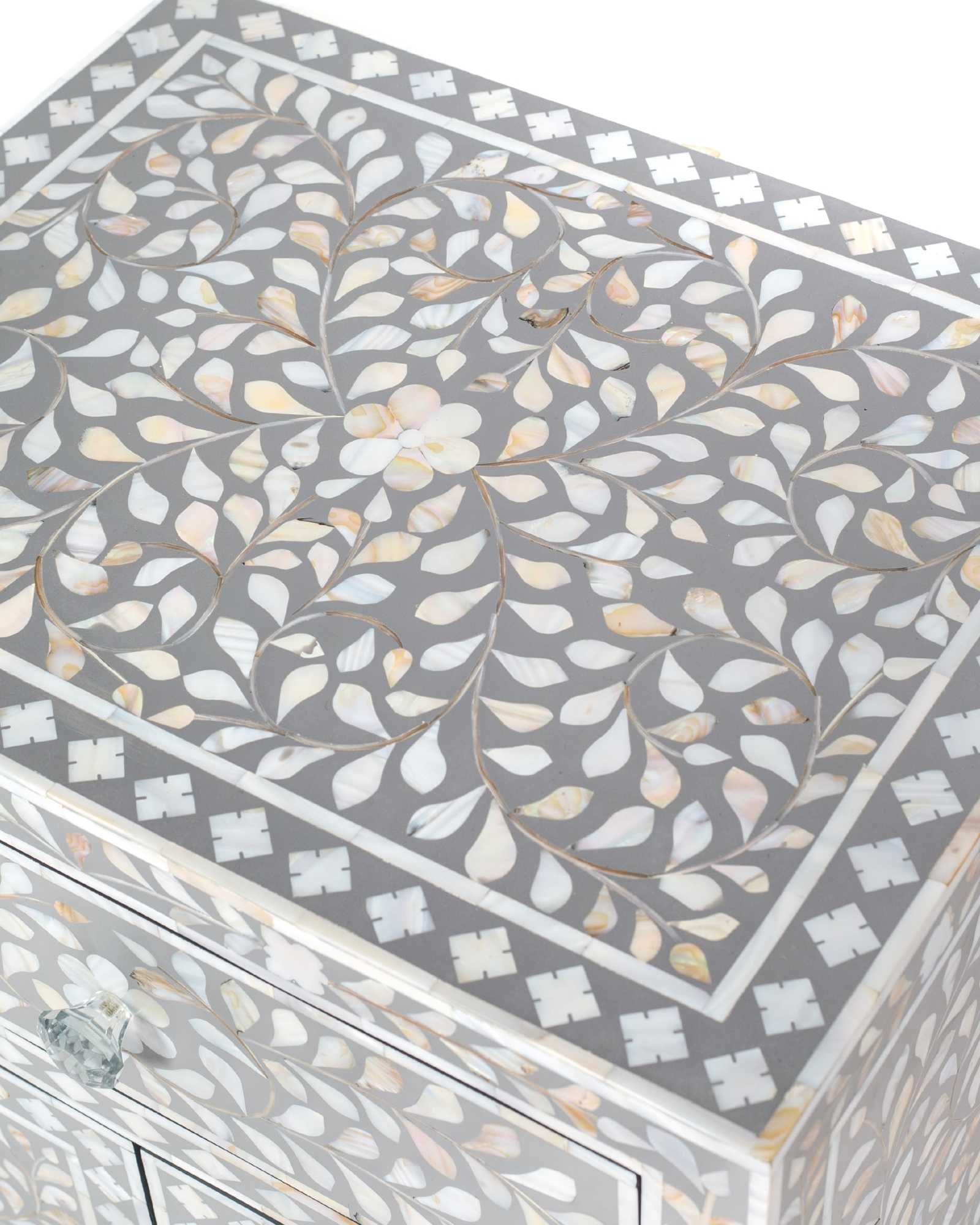 Handcrafted grey and white Mother of Pearl inlay side drawers by Tabeer Homes, made from solid mango wood with floral motifs and global delivery.