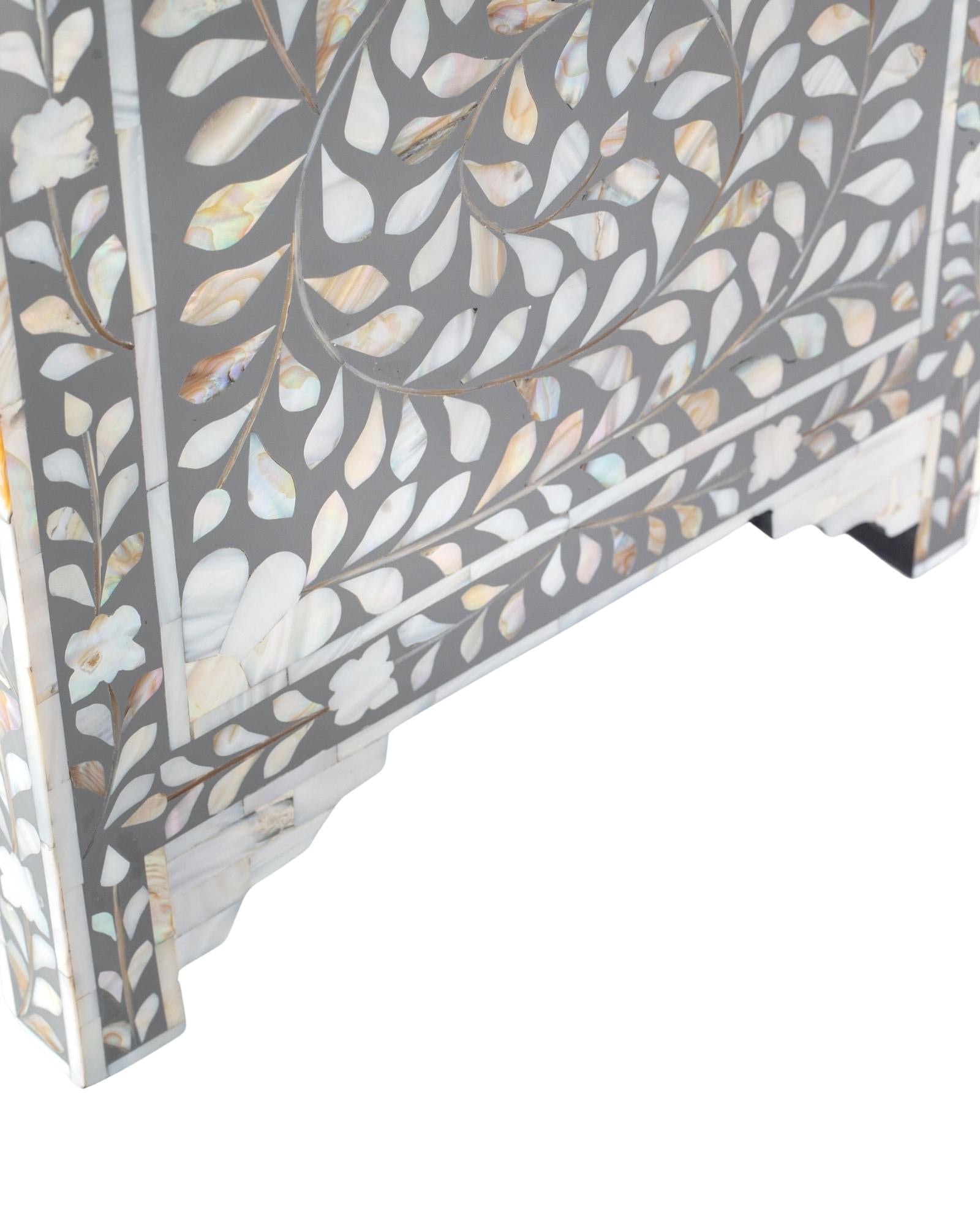 Handcrafted grey and white Mother of Pearl inlay side drawers by Tabeer Homes, made from solid mango wood with floral motifs and global delivery.