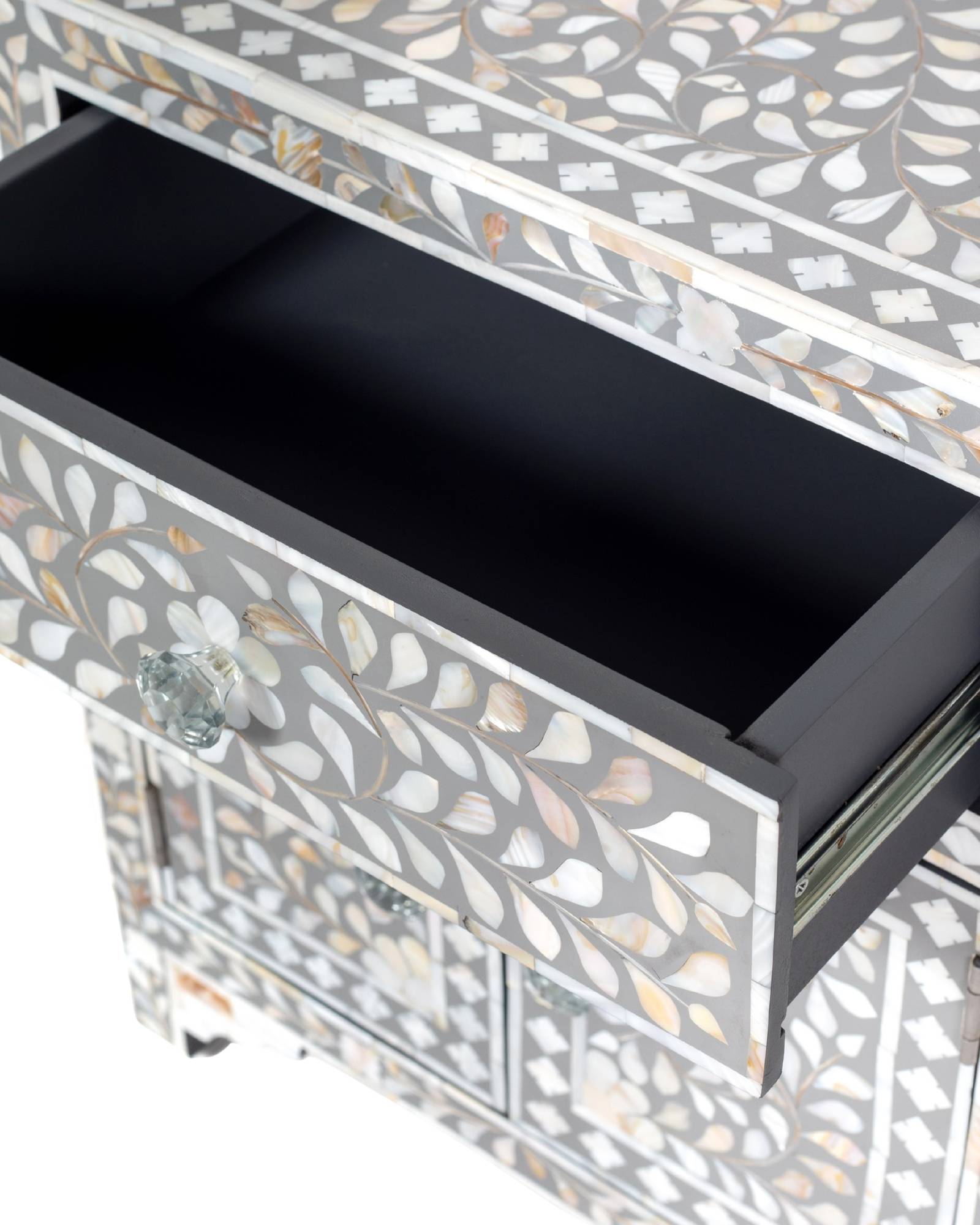 Handcrafted grey and white Mother of Pearl inlay side drawers by Tabeer Homes, made from solid mango wood with floral motifs and global delivery.