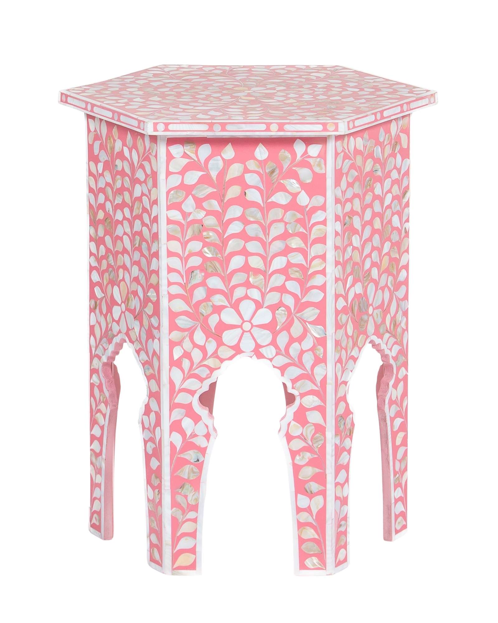 Handcrafted Iris side table featuring pink mother of pearl inlay with a hexagonal silhouette, floral detailing, and arched legs.