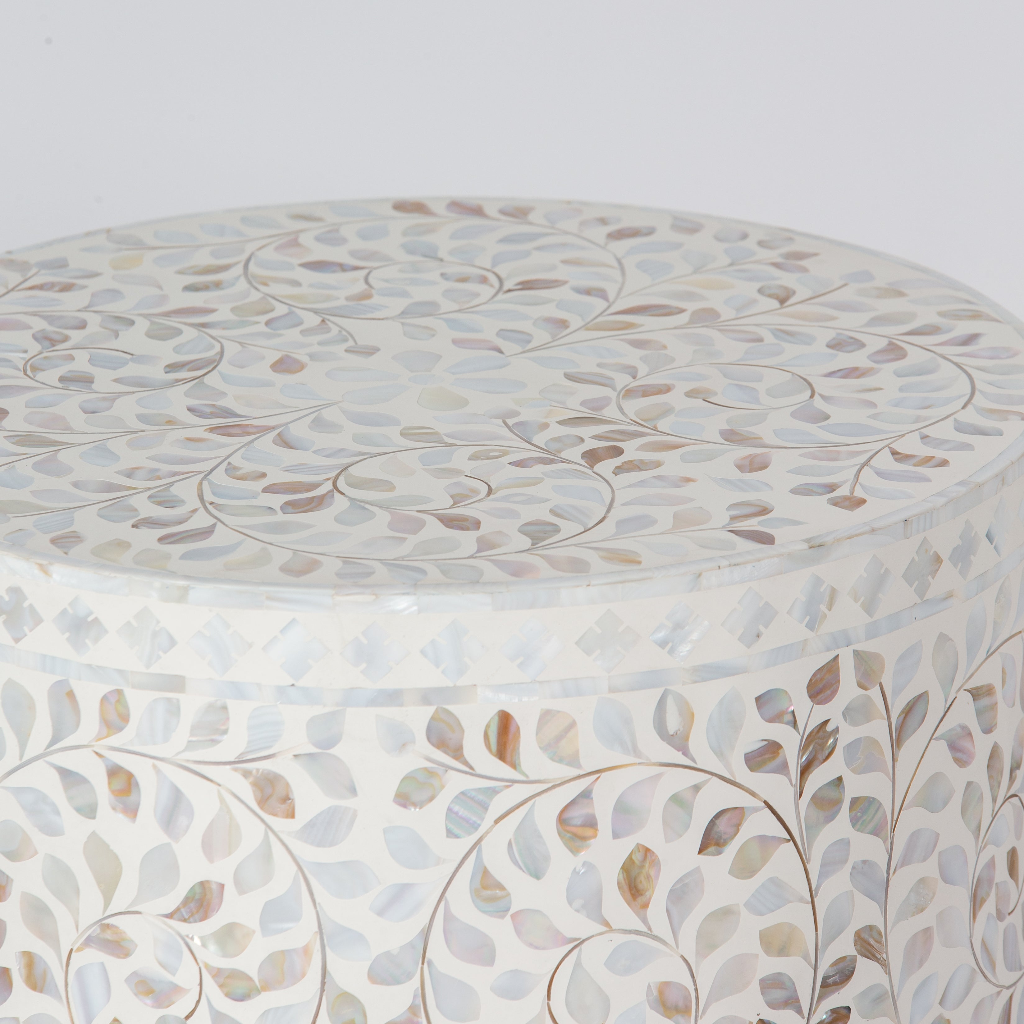 Handcrafted white Mother of Pearl inlay side table by Tabeer Homes, made from mango wood with brass base and floral detailing.