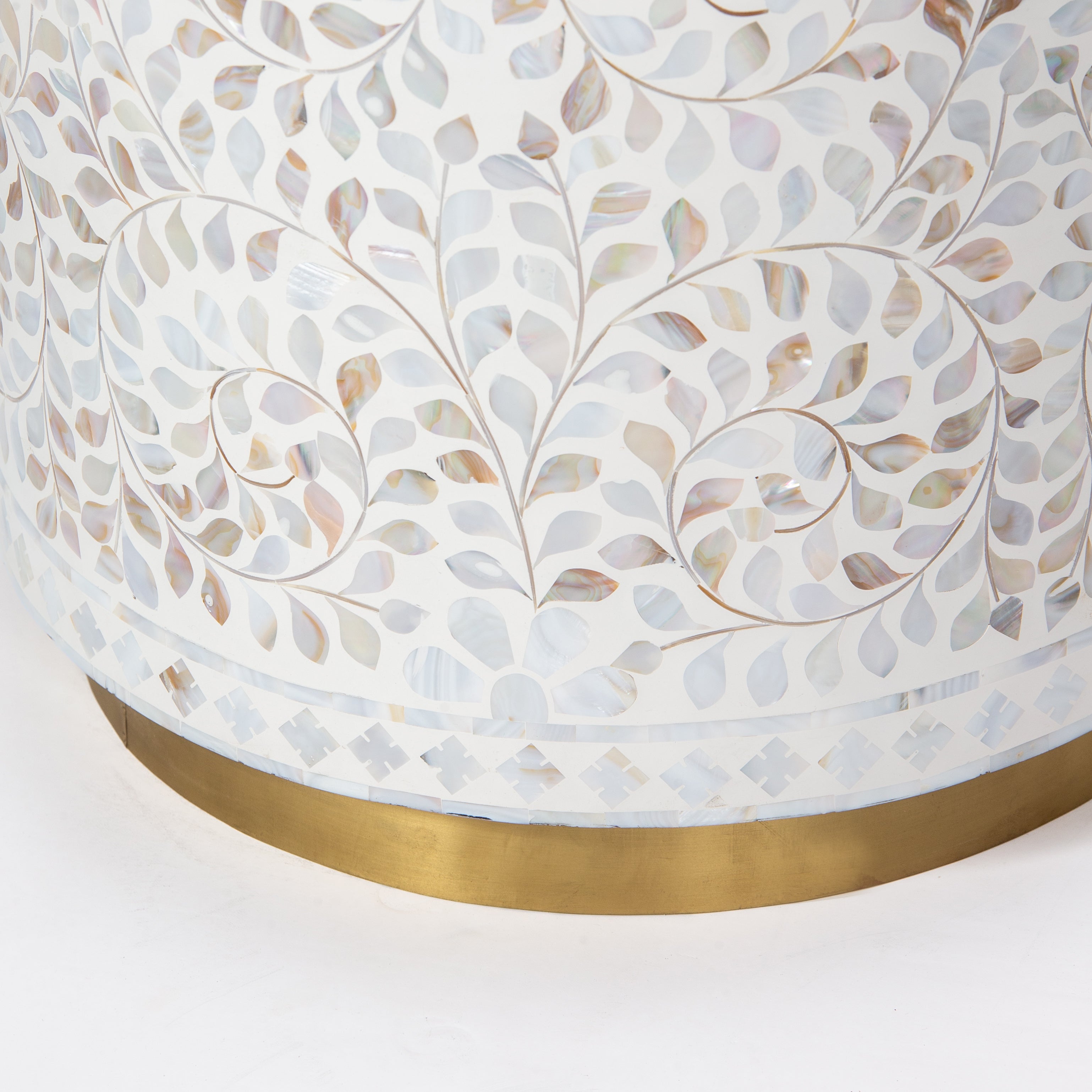 Handcrafted white Mother of Pearl inlay side table by Tabeer Homes, made from mango wood with brass base and floral detailing.