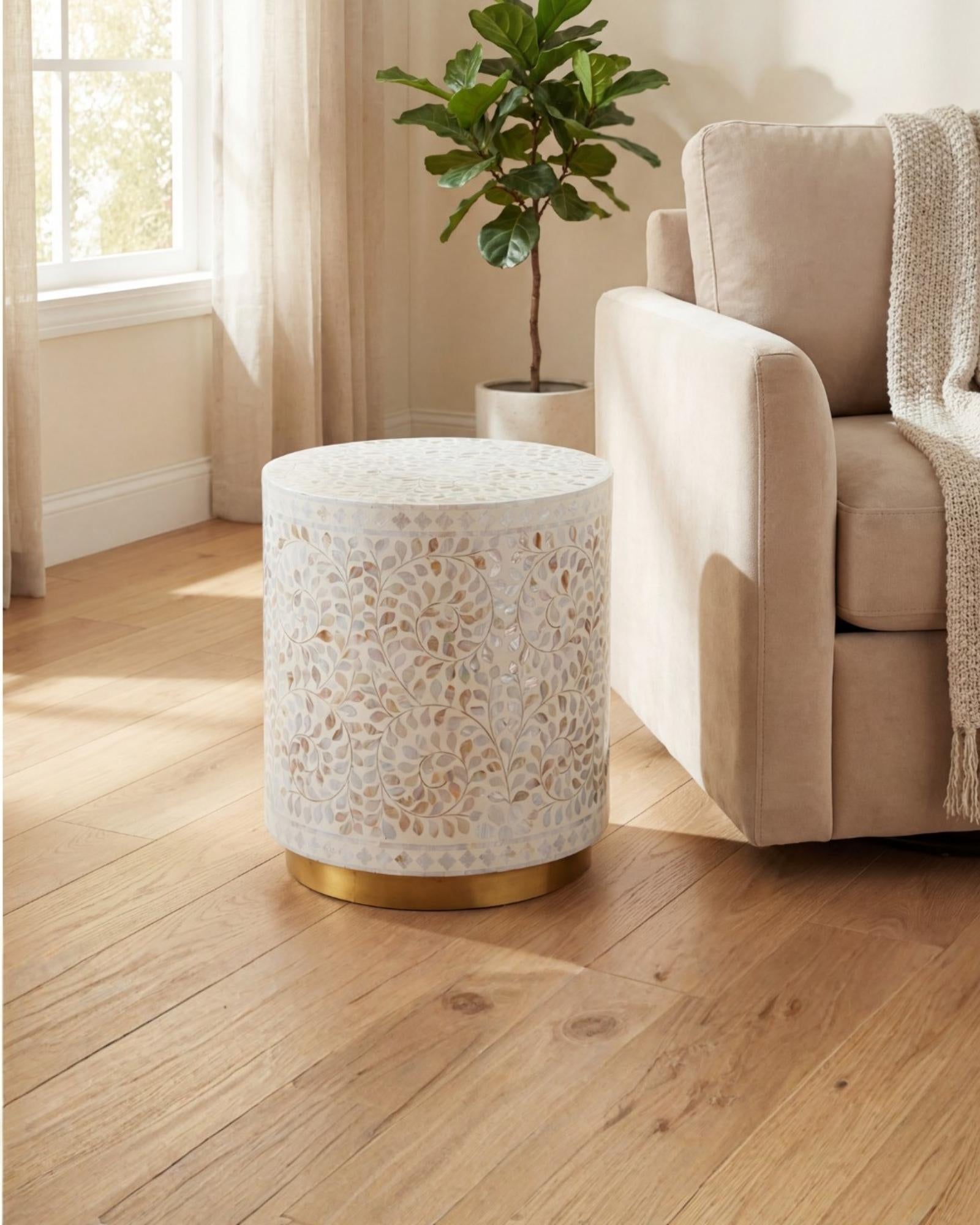 Handcrafted white Mother of Pearl inlay side table by Tabeer Homes, made from mango wood with brass base and floral detailing.