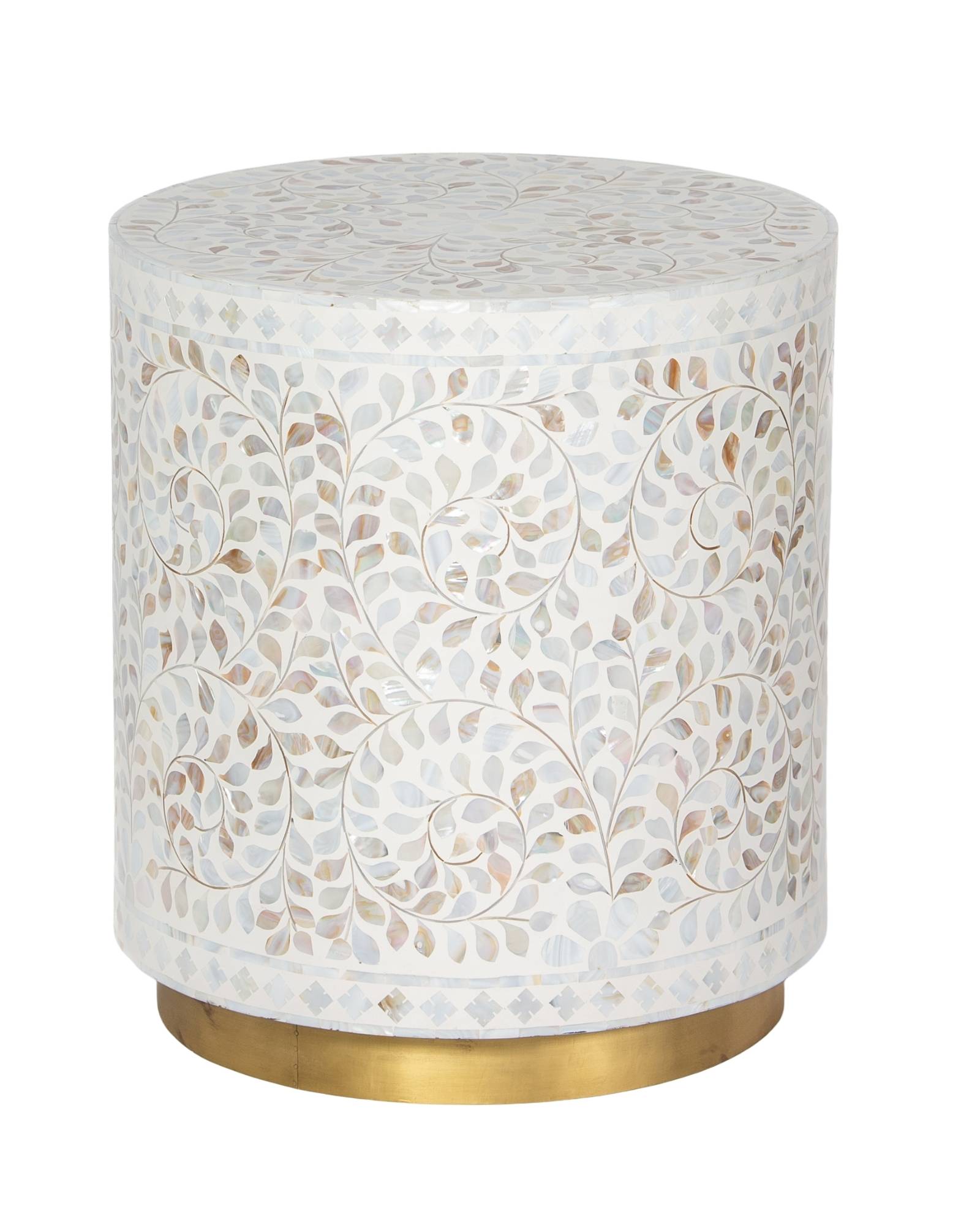 Handcrafted white Mother of Pearl inlay side table by Tabeer Homes, made from mango wood with brass base and floral detailing.