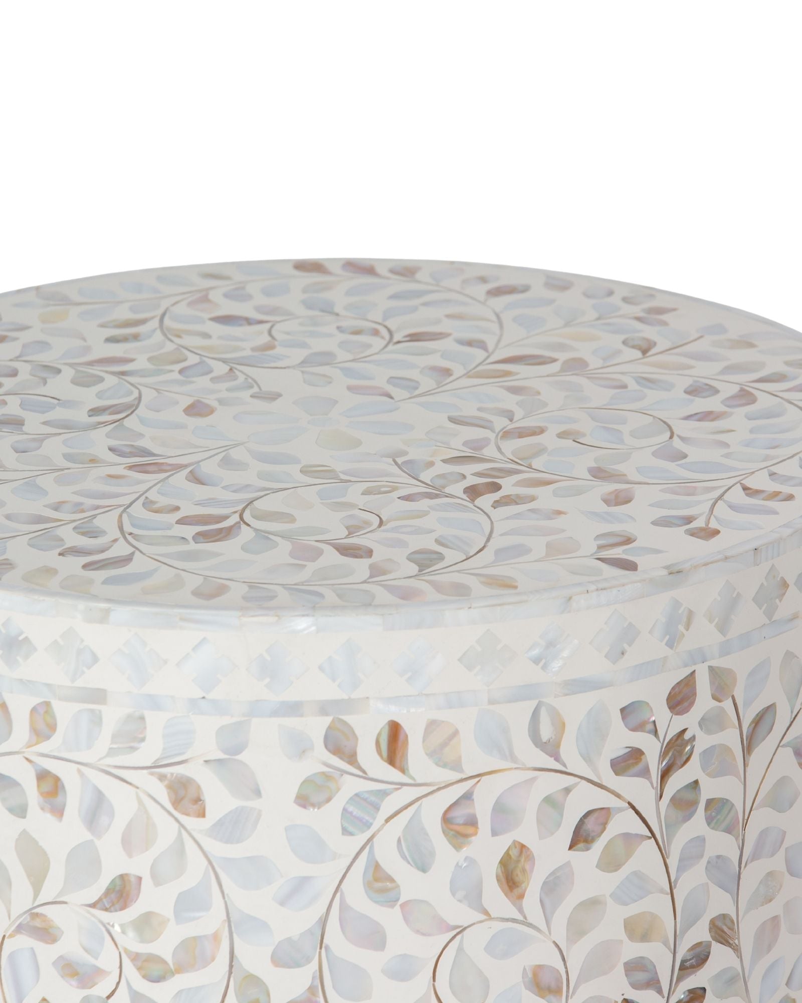 Handcrafted white Mother of Pearl inlay side table by Tabeer Homes, made from mango wood with brass base and floral detailing.