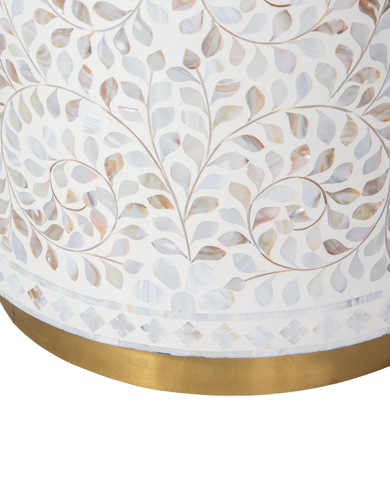 Handcrafted white Mother of Pearl inlay side table by Tabeer Homes, made from mango wood with brass base and floral detailing.