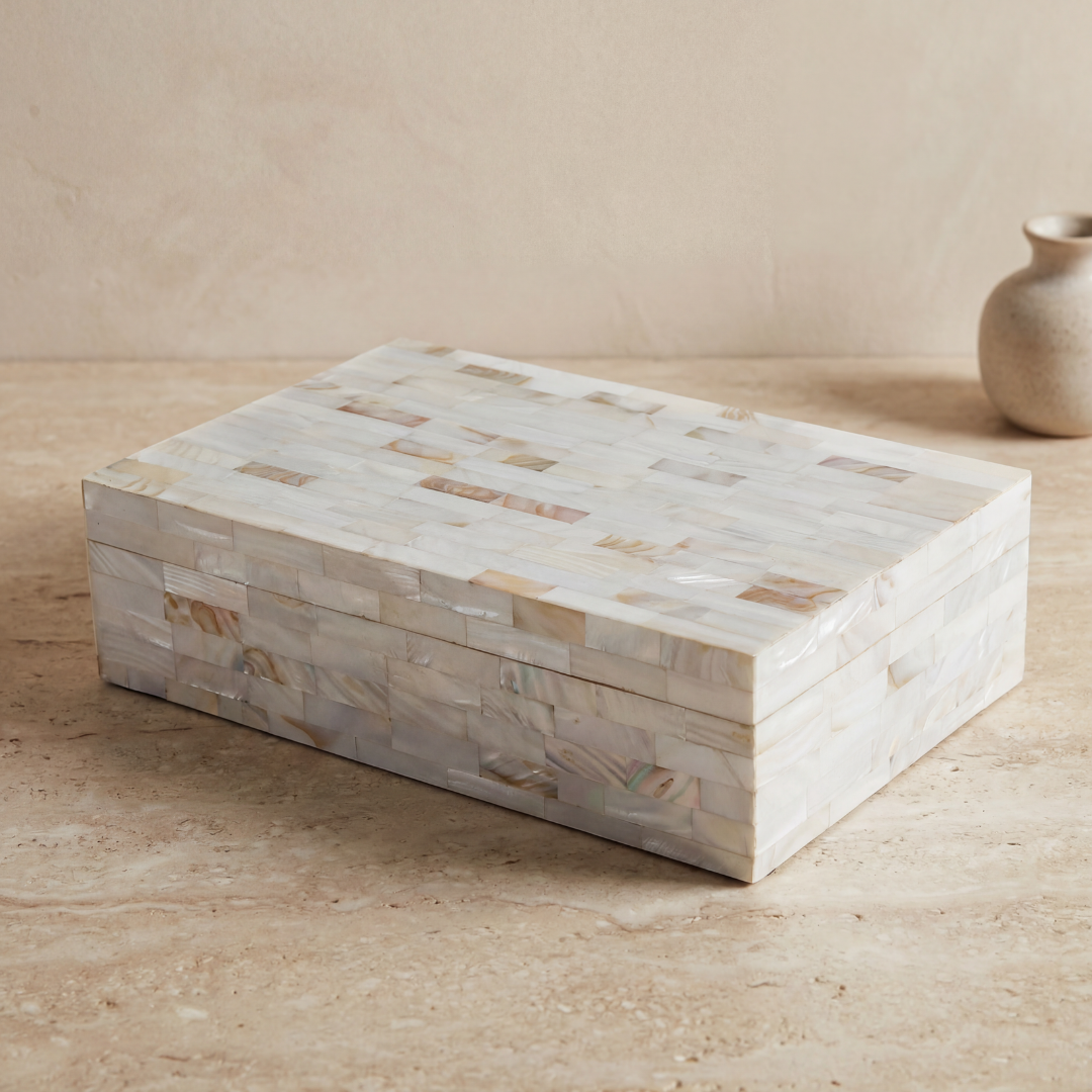 White mother of pearl inlay decorative box with mosaic pattern, handcrafted storage box in wood
