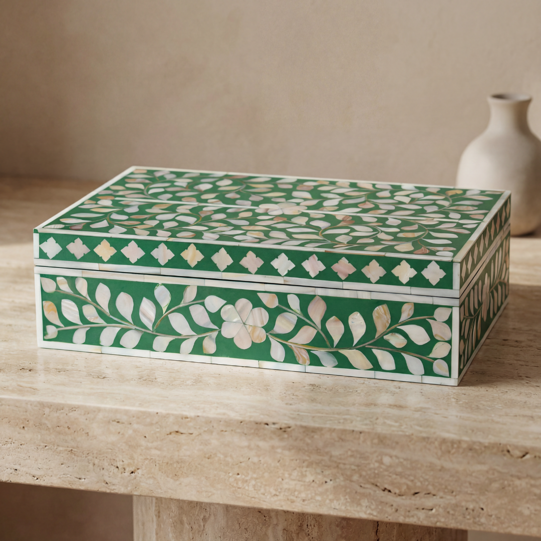 Green mother of pearl inlay decorative box with floral pattern, handcrafted storage box in wood