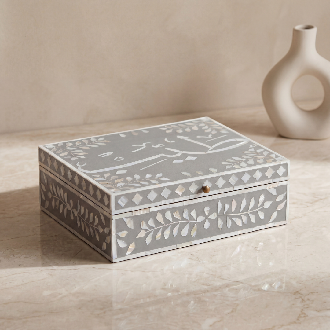 Mother of pearl inlay box featuring intricate floral pattern in grey and white, handcrafted decor piece
